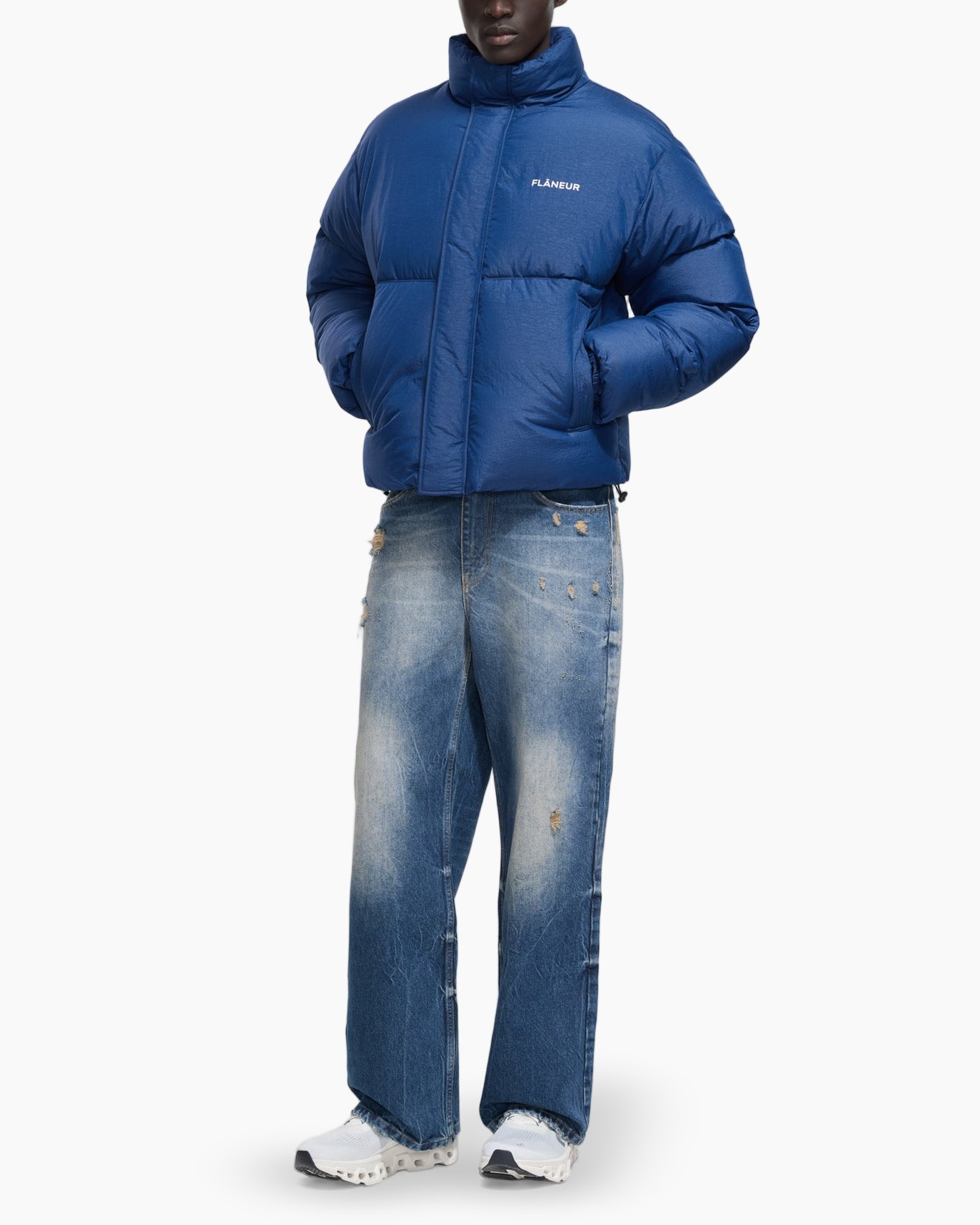 donsjas_puffer, donsjas_down, blauw, hoge_kraag, logo_tekst