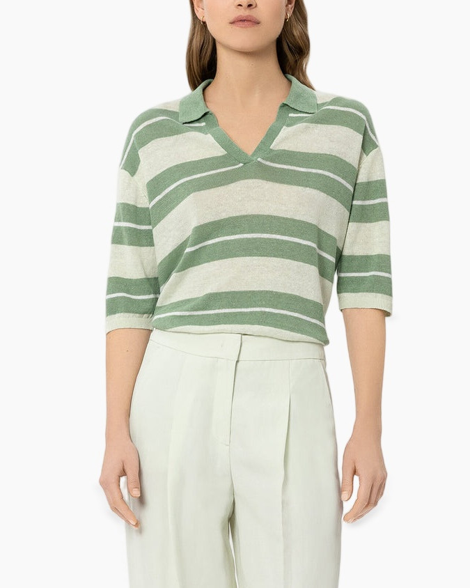 gestreepte polo, groene strepen, korte mouwen, kraagtop, gebreide trui