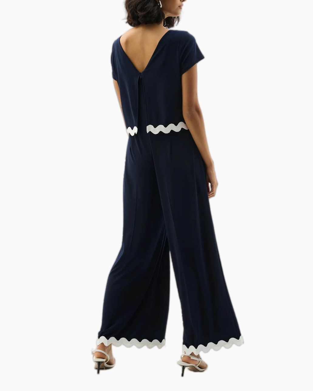 jumpsuit, wide-leg, navy, white-trim, ruffled-edge