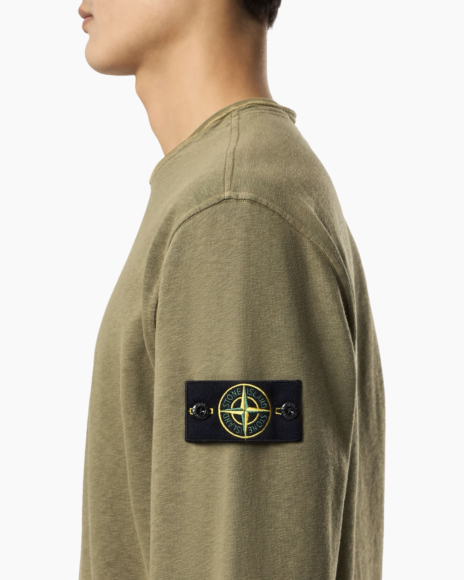 trui, olijfkleur, lange-mouw, patch, logo-stone-island