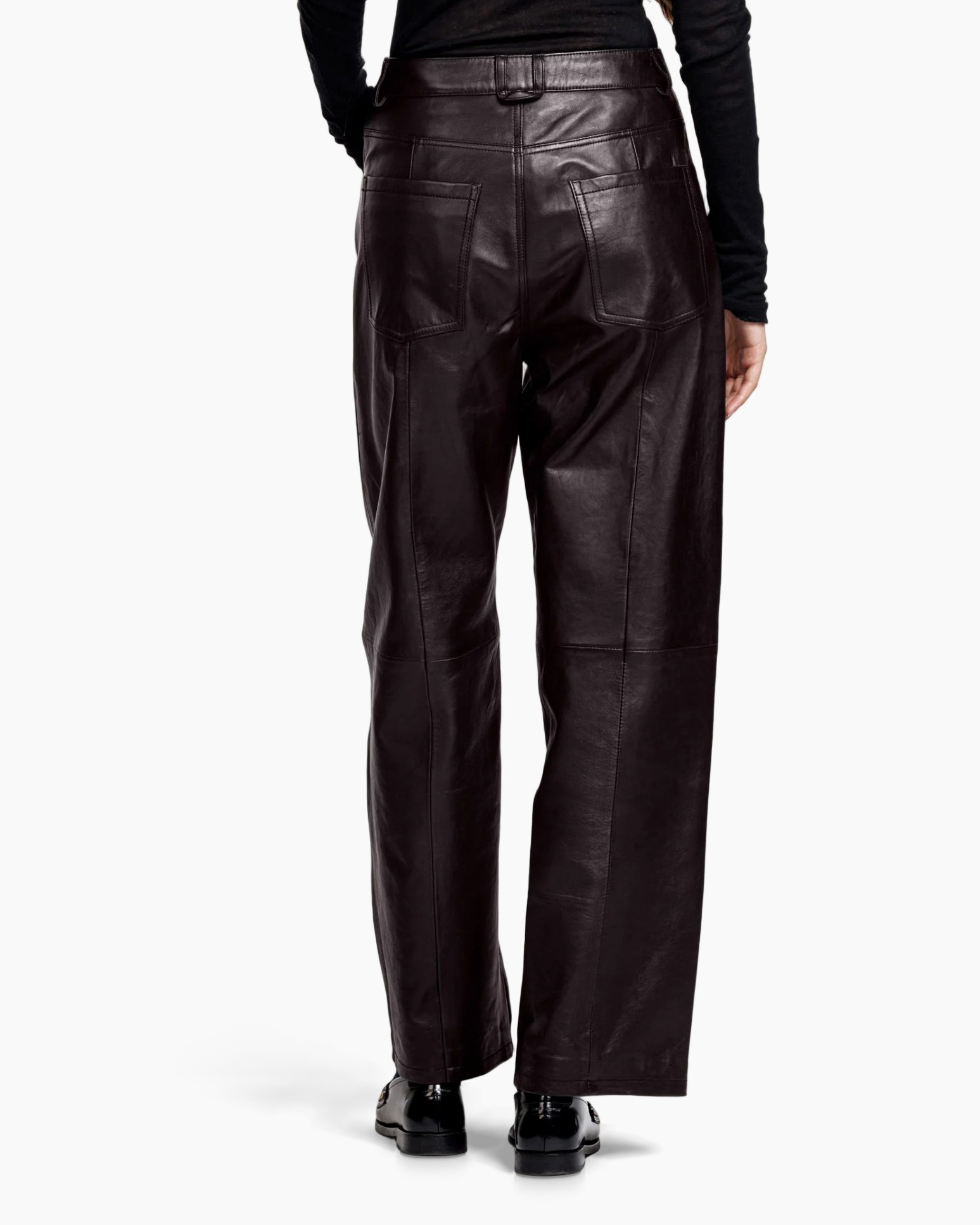 Leren broek, Wijde pijpen, Donkerbruin, Hoge taille, Paneelnaden