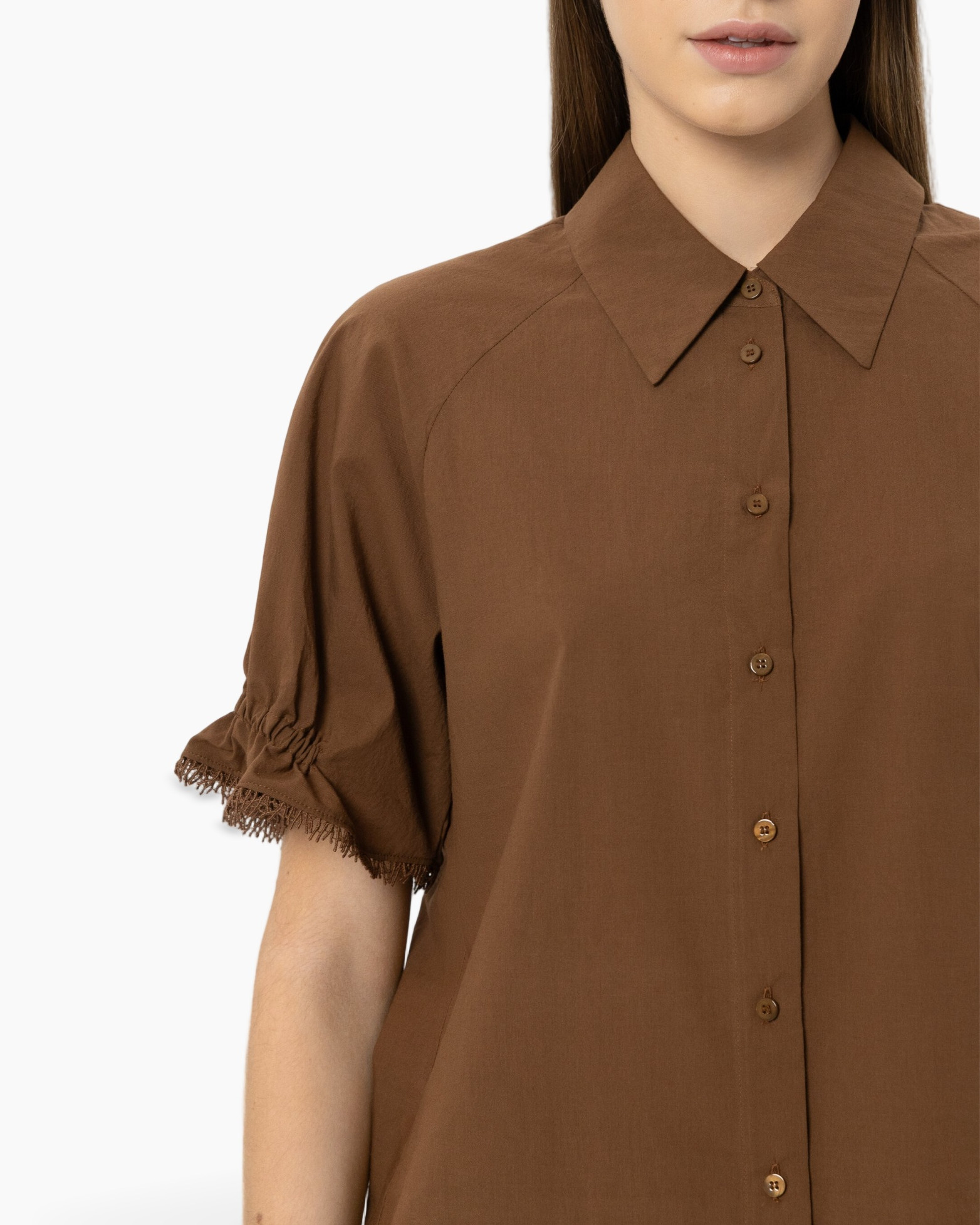 knopslijnen?, korte mouwen, bruin, kraag, linnen-achtig