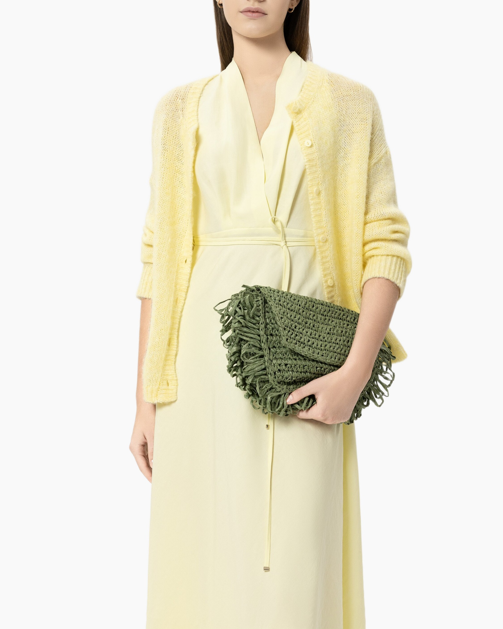 dress, cardigan, yellow, waist belt, green clutch