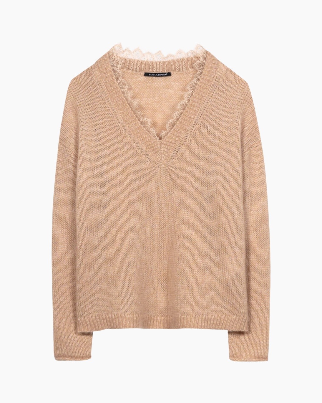 trui, gebreid, V-hals, beige, kantversiering