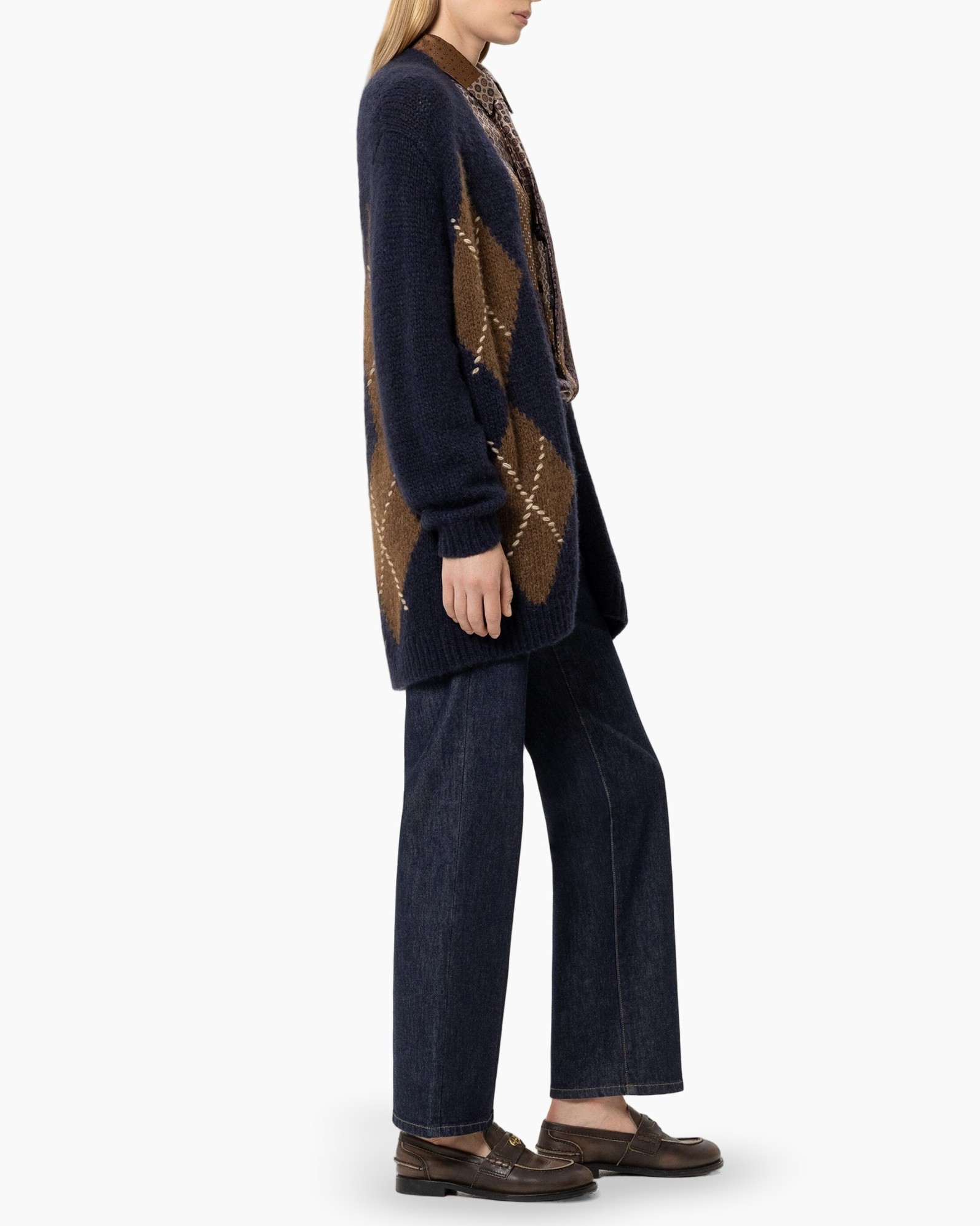 cardigan, patroonletje, bruin, navy, gebreide cardigan