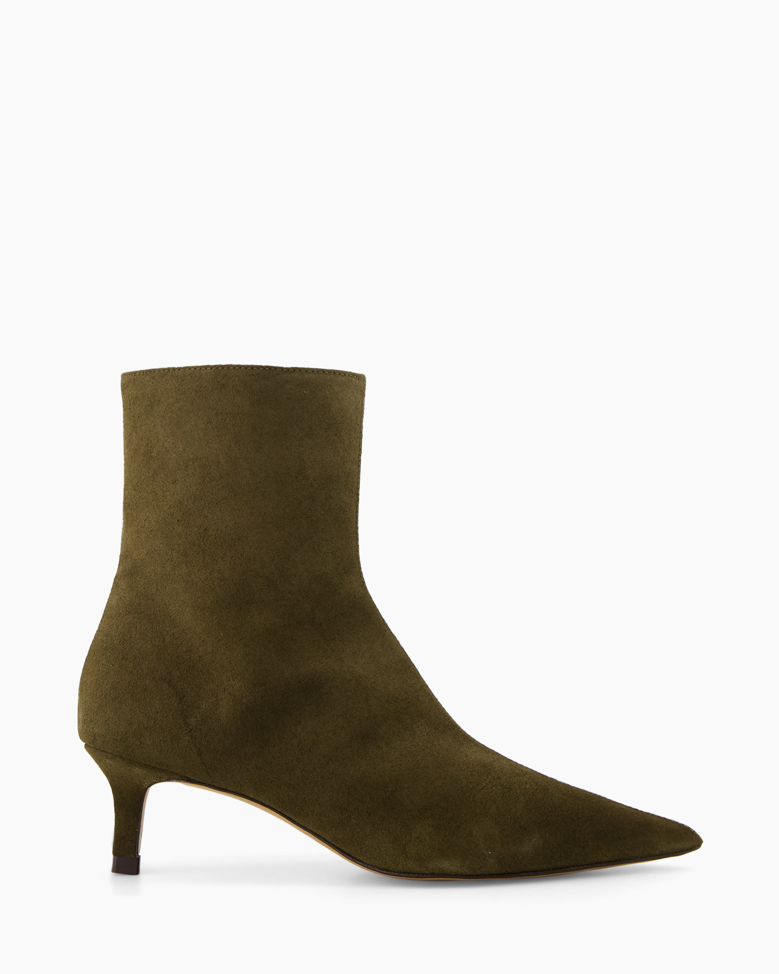 ankleboot, suede, olijfgroen, middenhak, puntneus