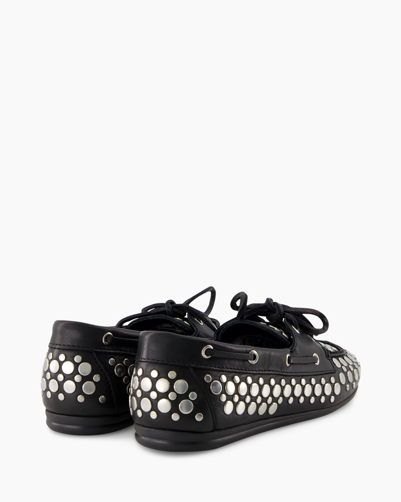 eenvoudige, mocassin, gestikte studs, zwart, puntenpatroon