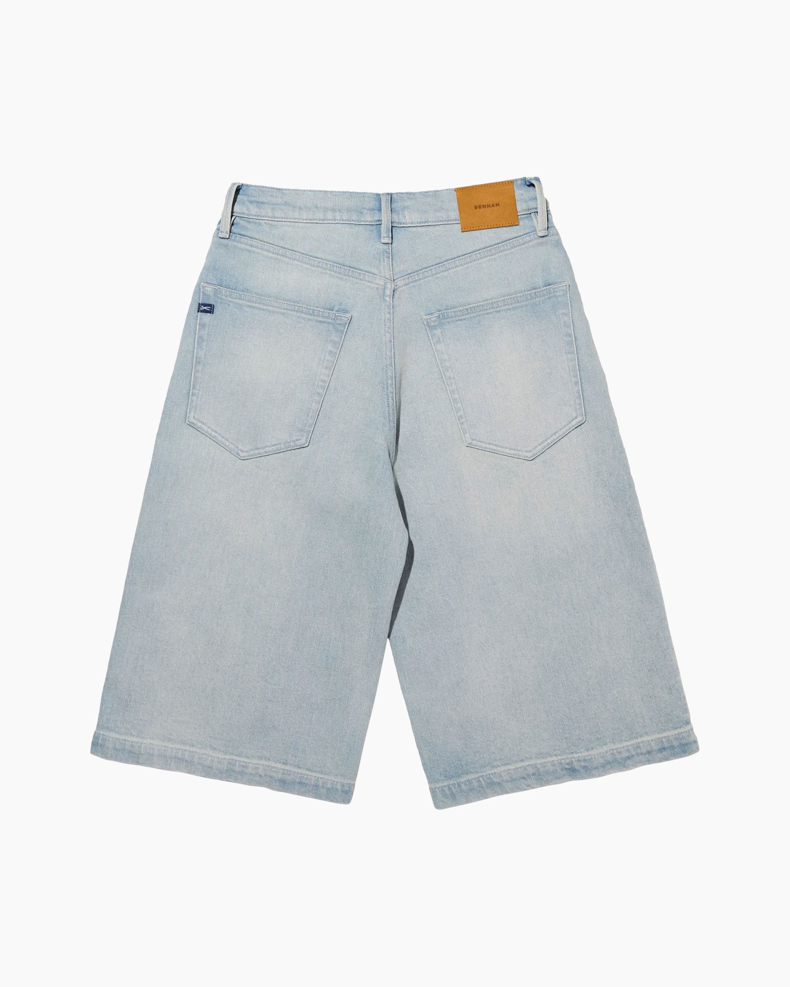 broek shorts van denim, lichte wassing, hoge taille, vijf zakken, knie-lengte