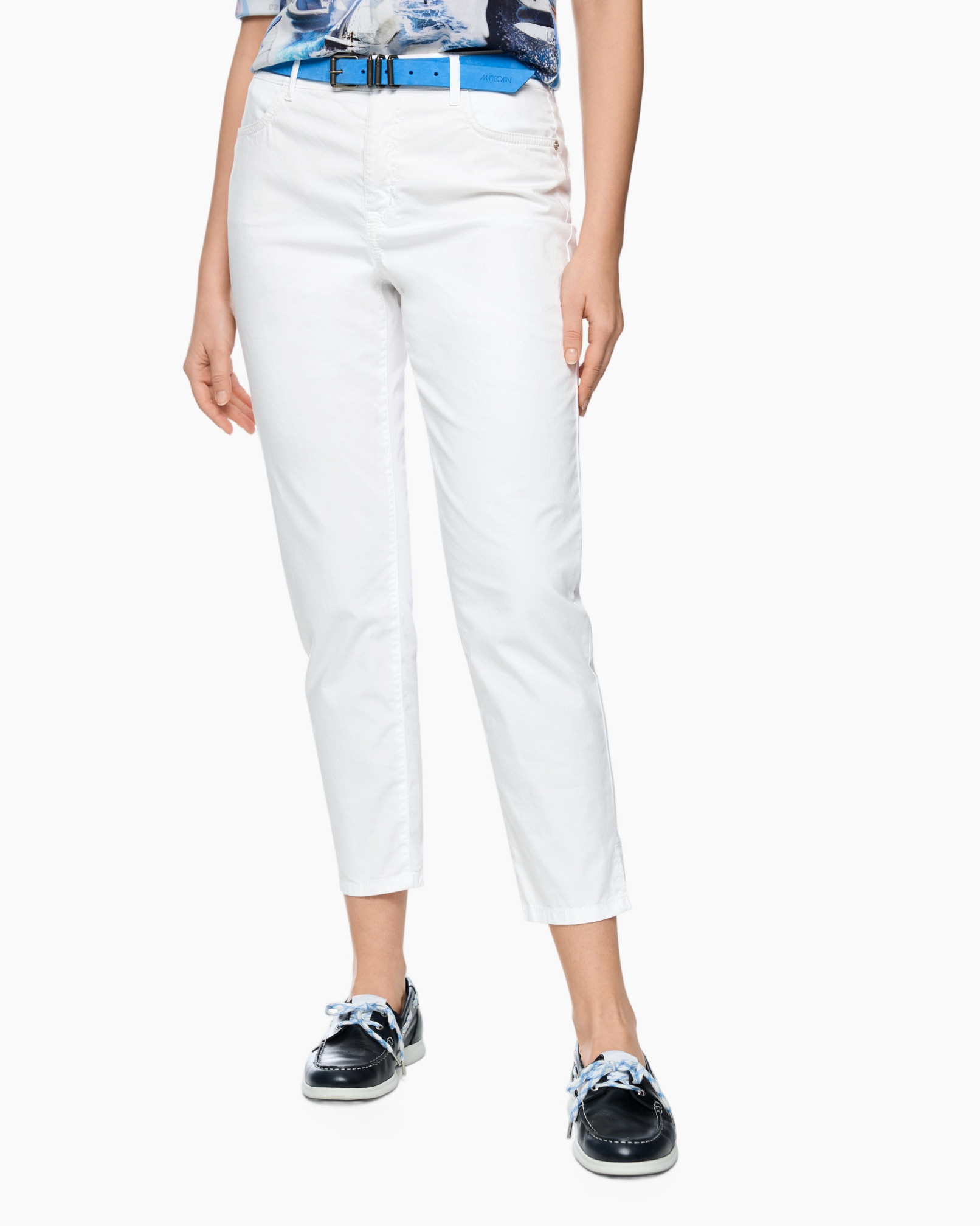 witte broek, enkellengte, katoenmix, slim-fit, zakdetail