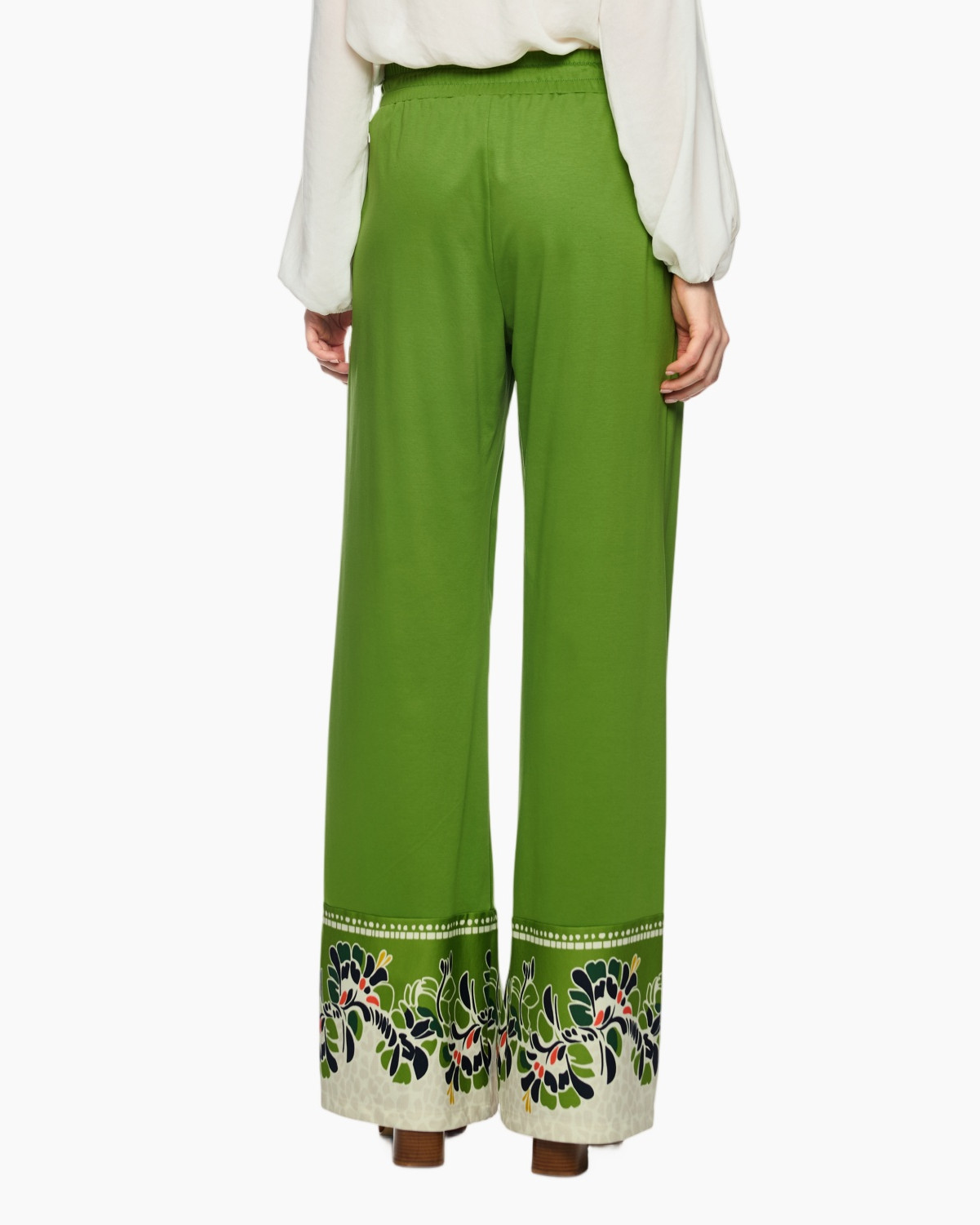 green pants, wide-leg, drawstring waist, floral border, trouser