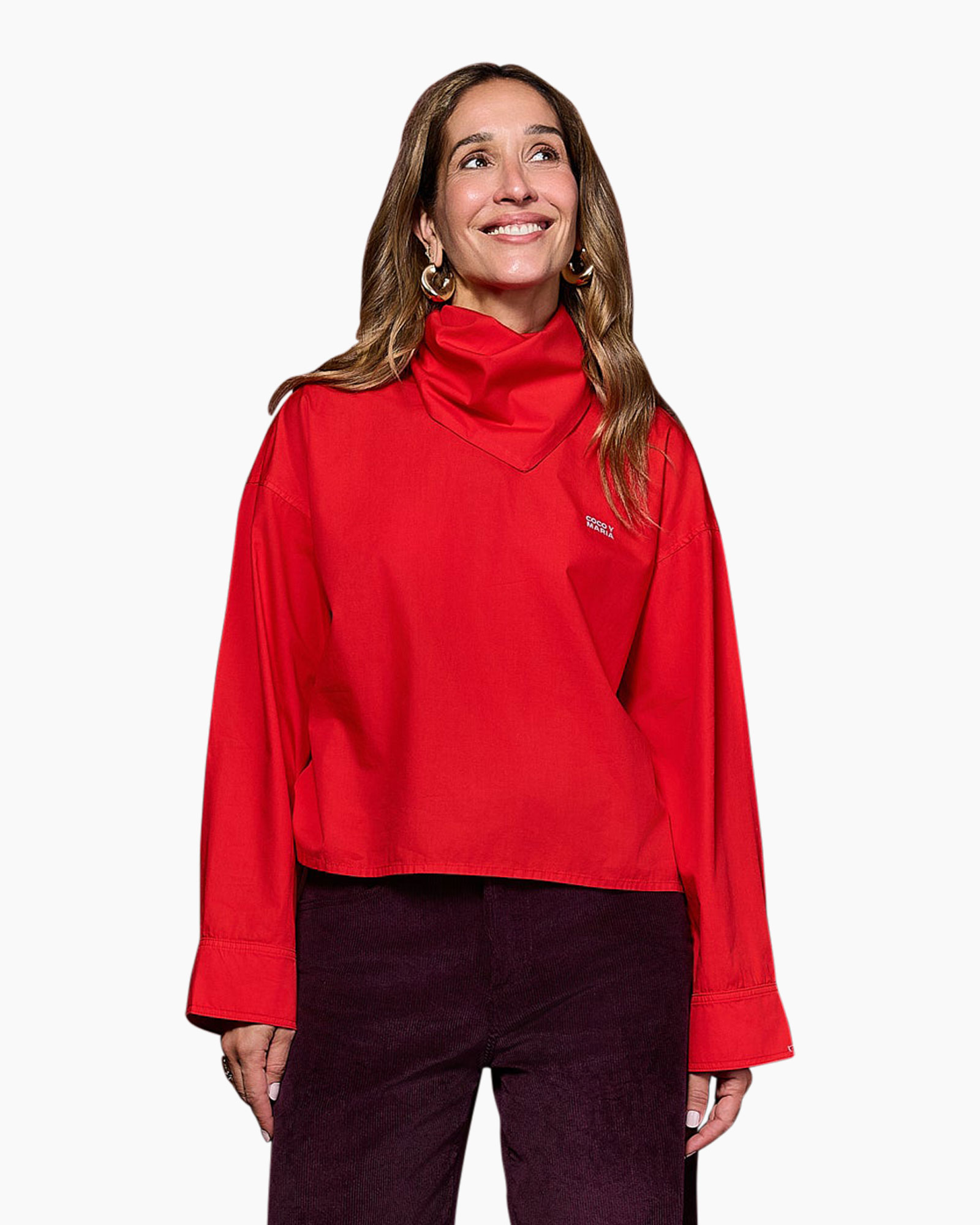 rode bovenstuk, kraagloze"-like?, lange mouwen, poncho-stijl, casual top