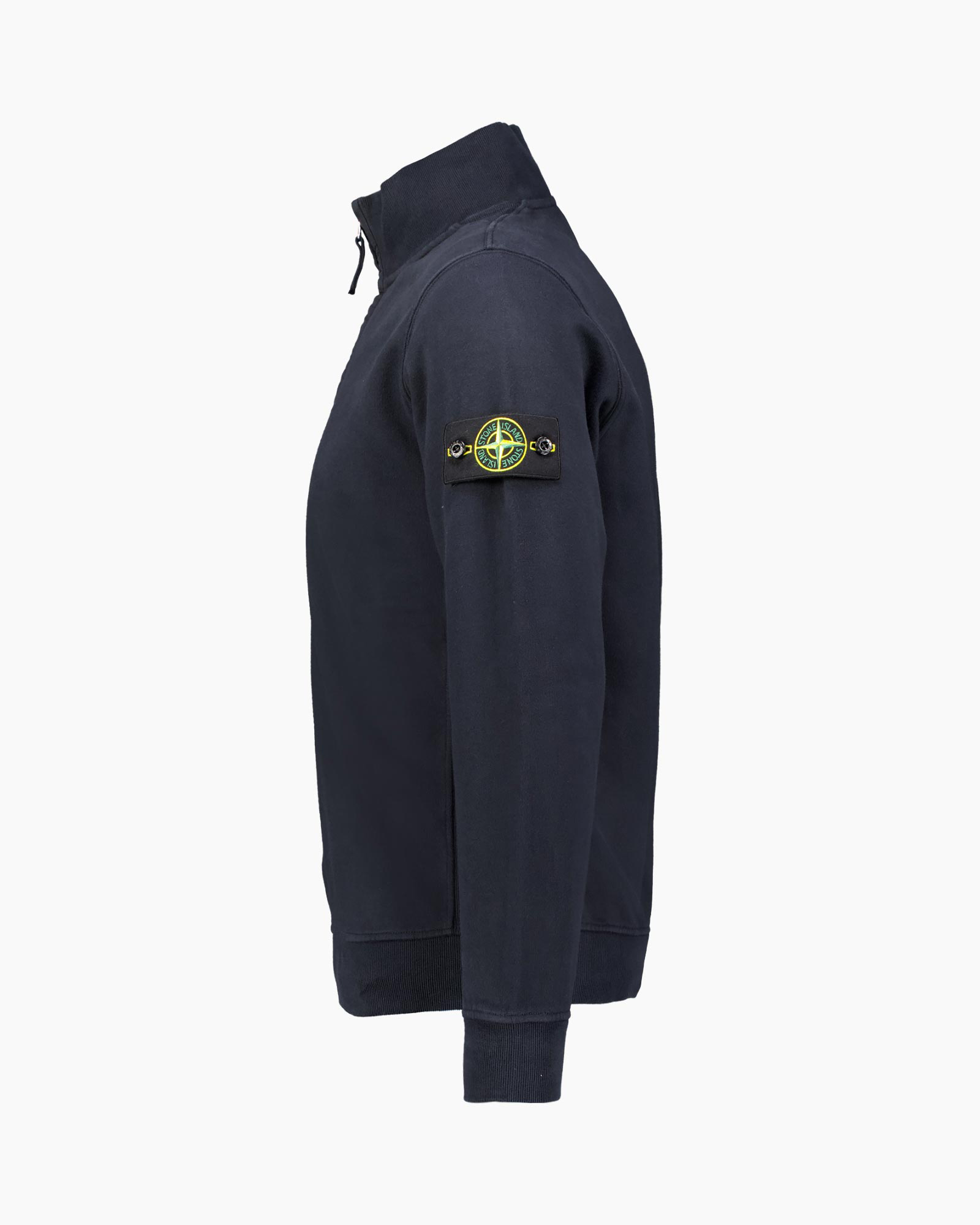 blauwe jas, rolkraag, patch logo, lange mouwen, geribbelde boorden