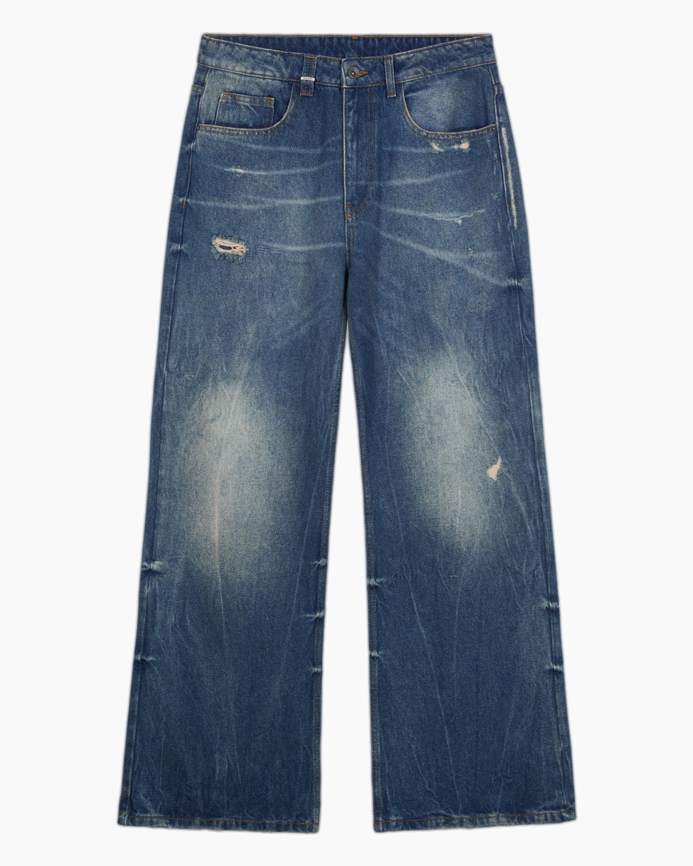jeans, distressed, blue, wide-leg, denim