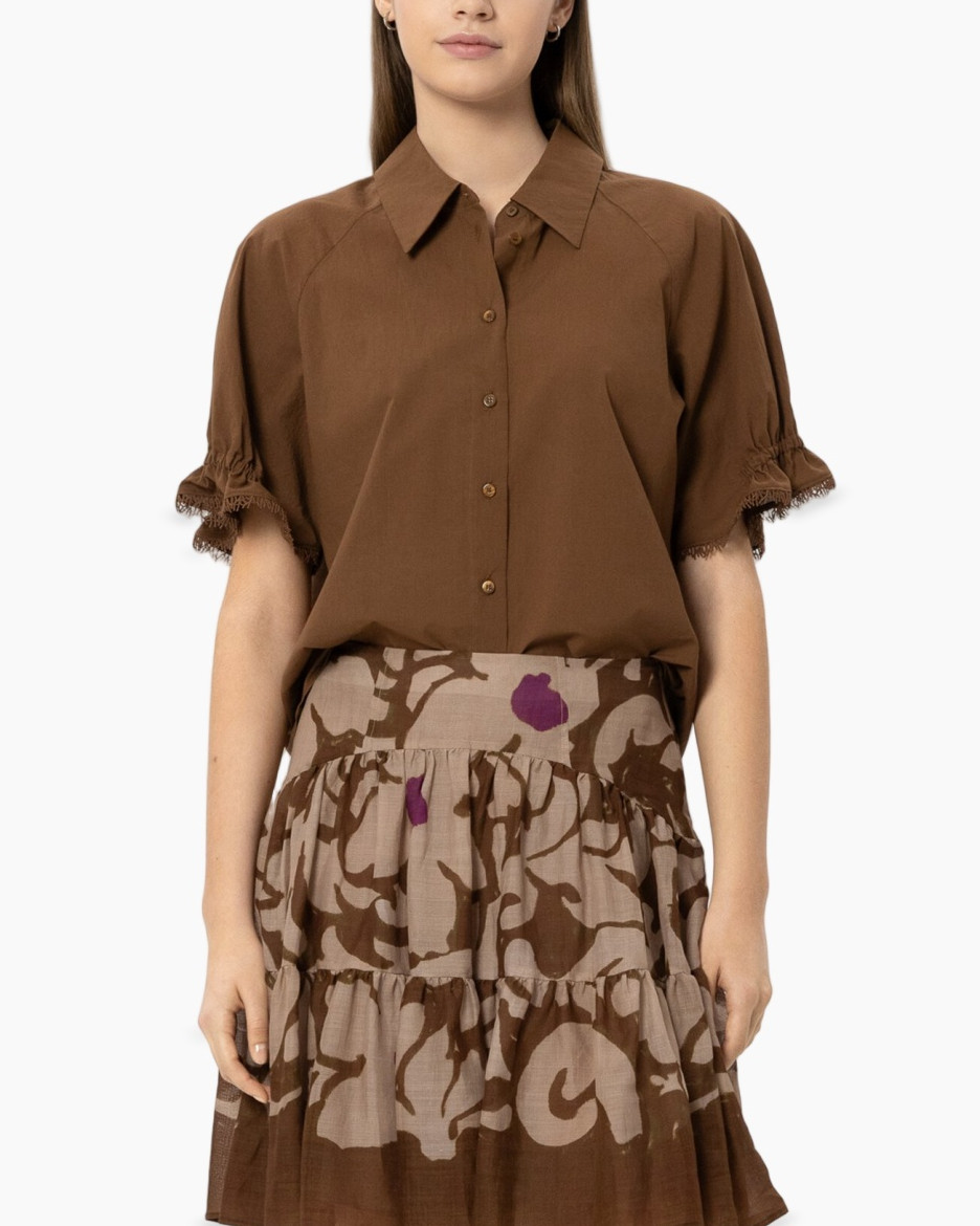 blouse, knopsluiting, mouwrok, bruin, kraag