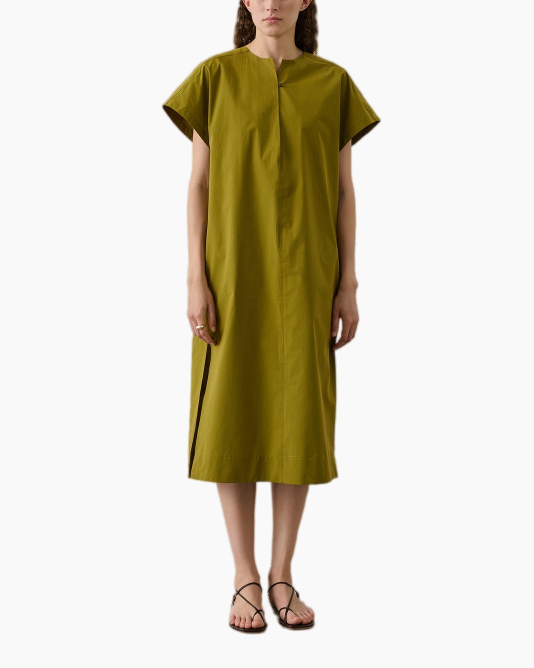 jurk, midi jurk, olijfgroen, korte mouwen, split/opening