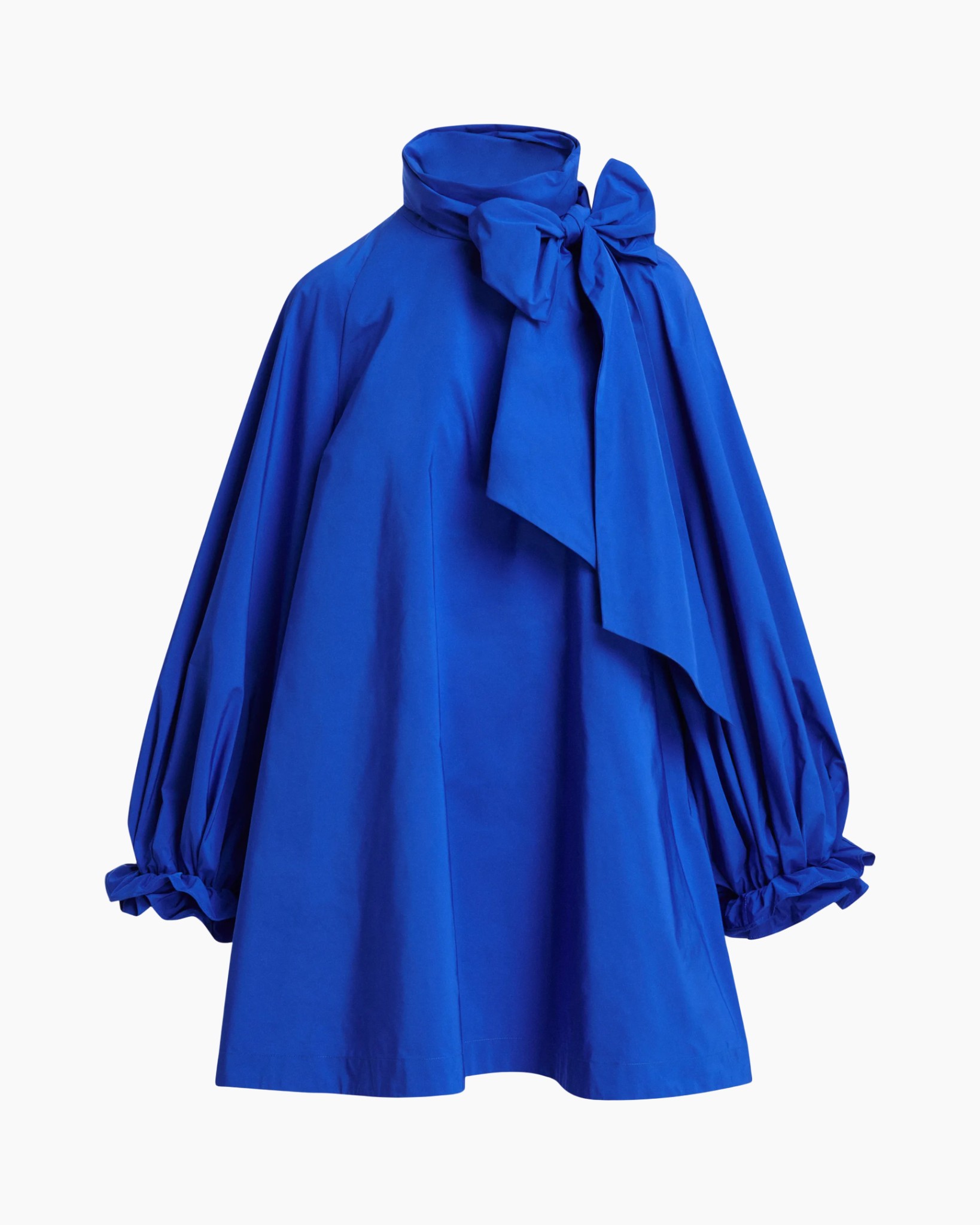 blouse, halslijn hoog, strik, pofmouwen, effen blauw