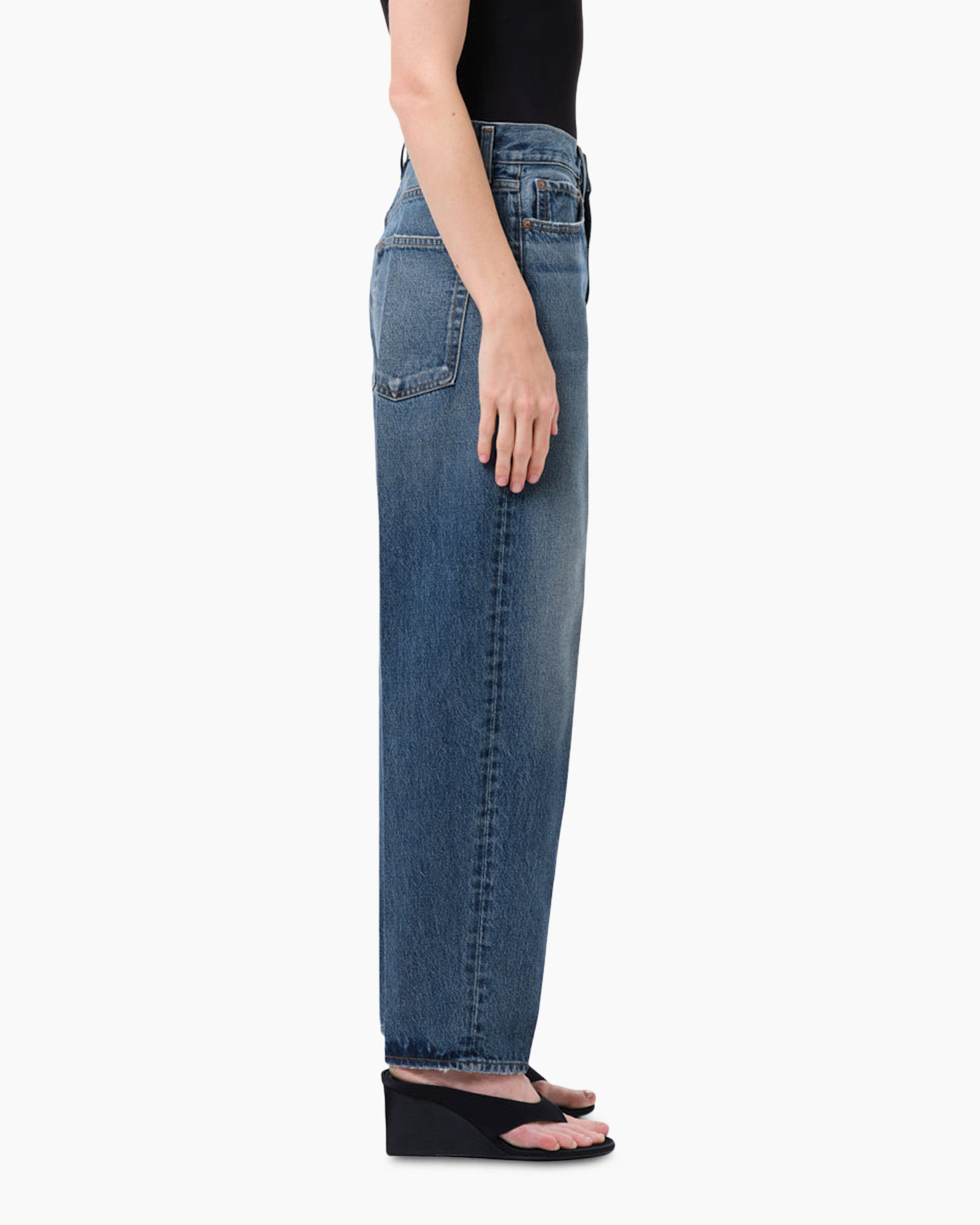 spijkerbroek, denim, midblauw, rechte pijp, zak