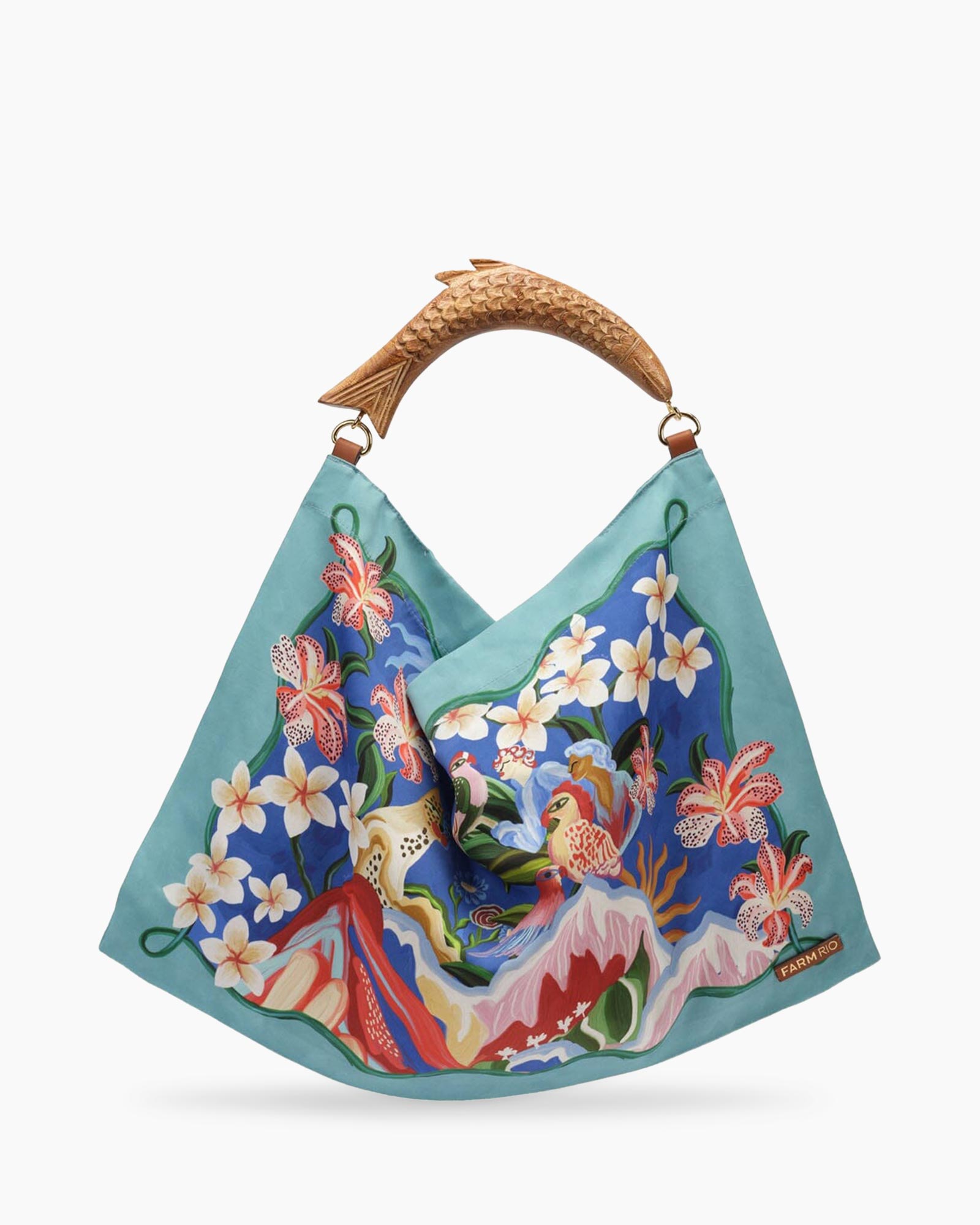 handtas, kledingtas, gecompliceerd patroon, turquoise, houten handvat