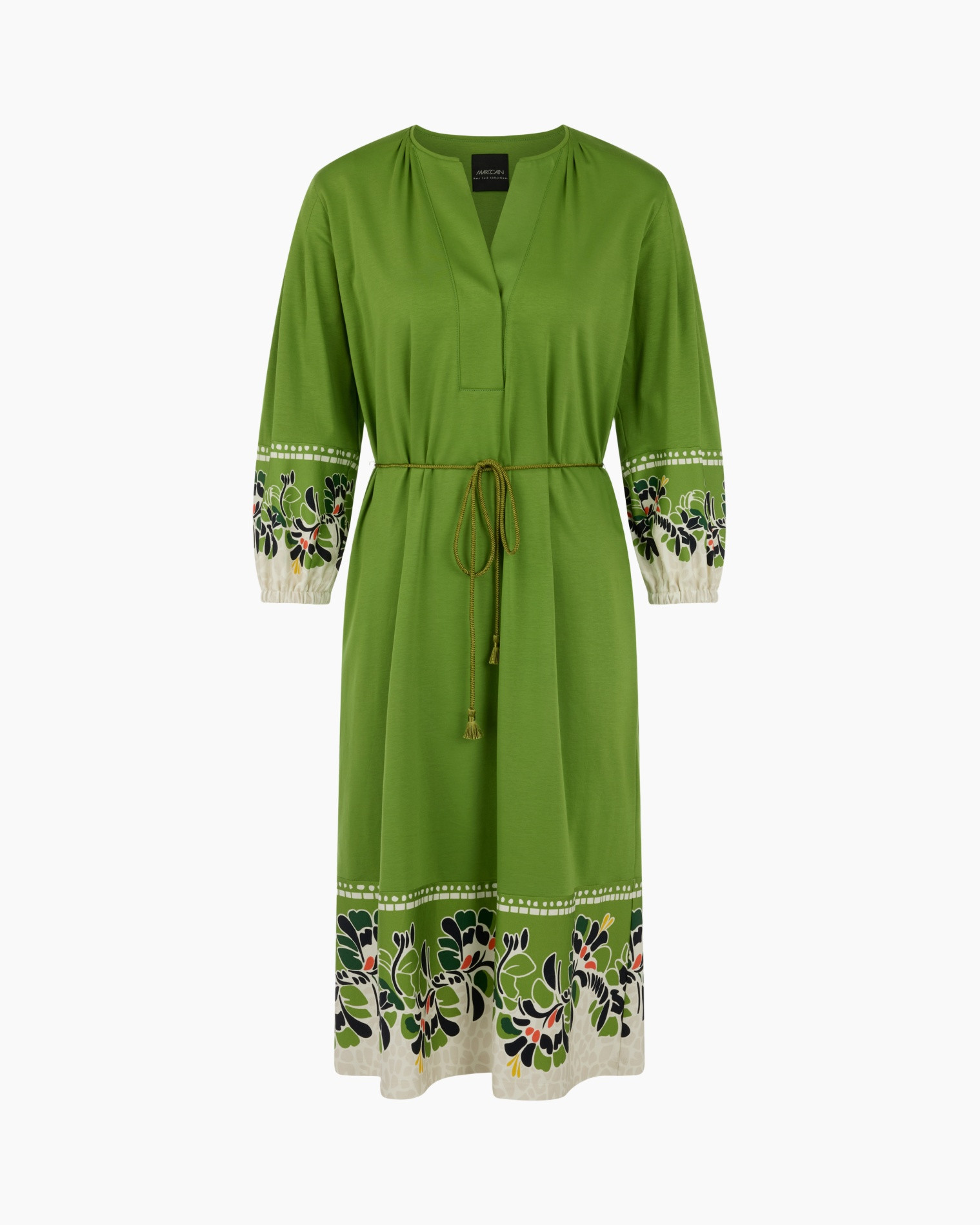 groene jurk, geborduurdd patroon, riemce belt, lange mouw, bloempatroon