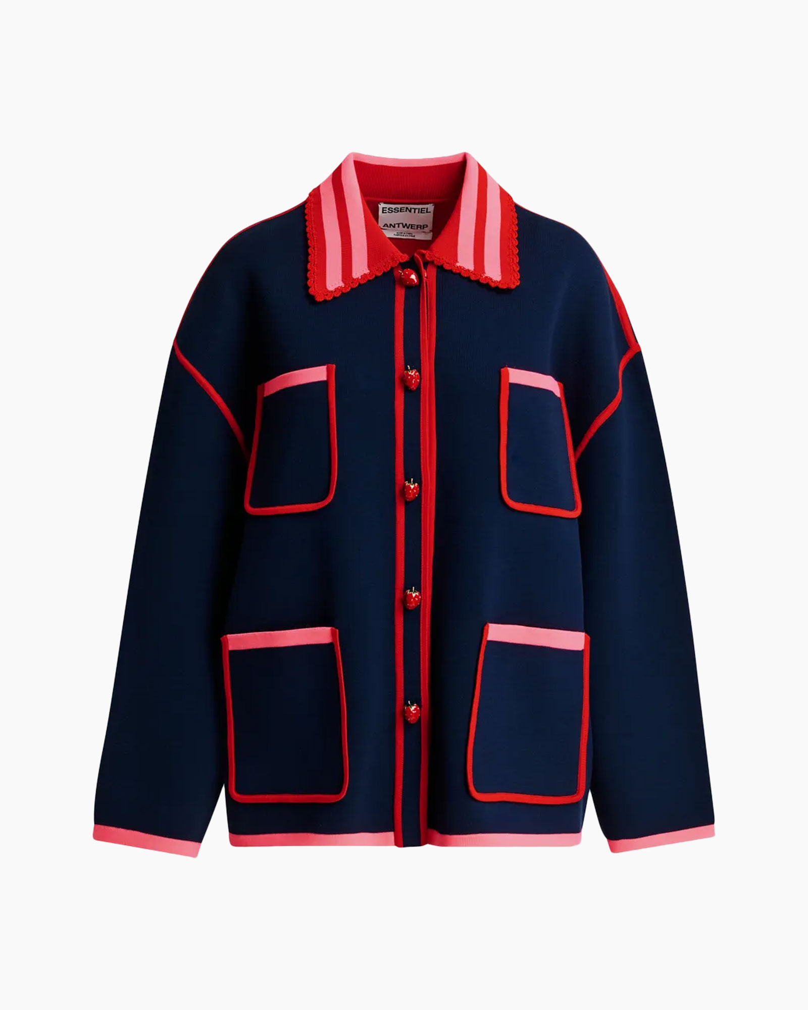 cardigan, navy, pinking trim, voorzakken, contrast stiksels