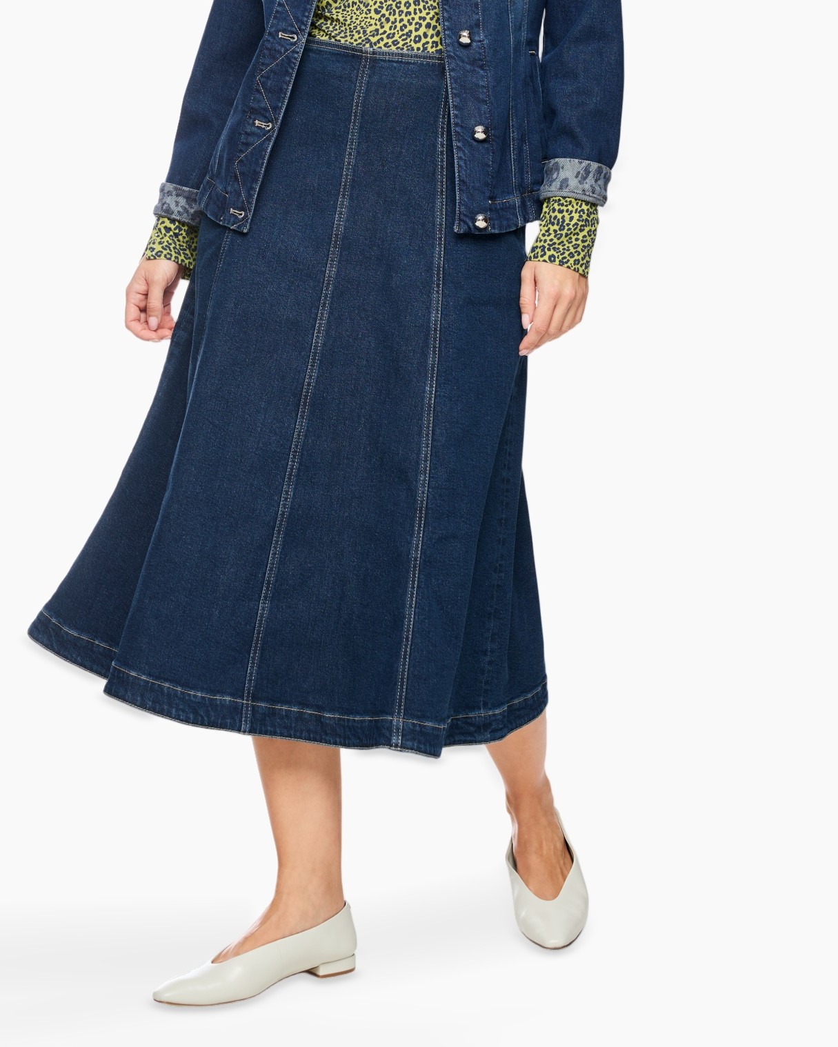 denim, rok, middellang, broekstof, A-lijn