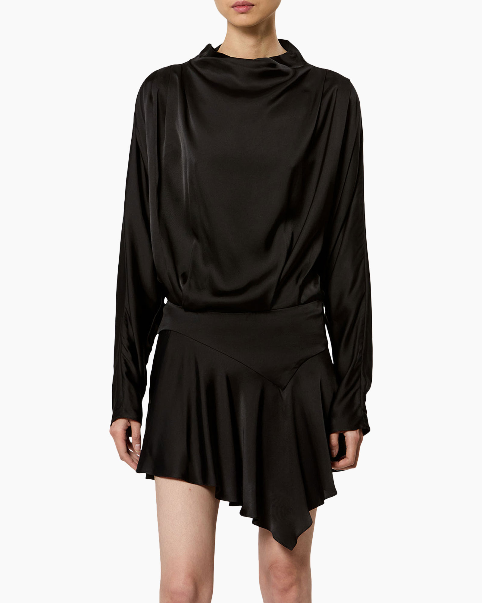jurk, satijn, zwart, lange mouw, asymmetrische rok