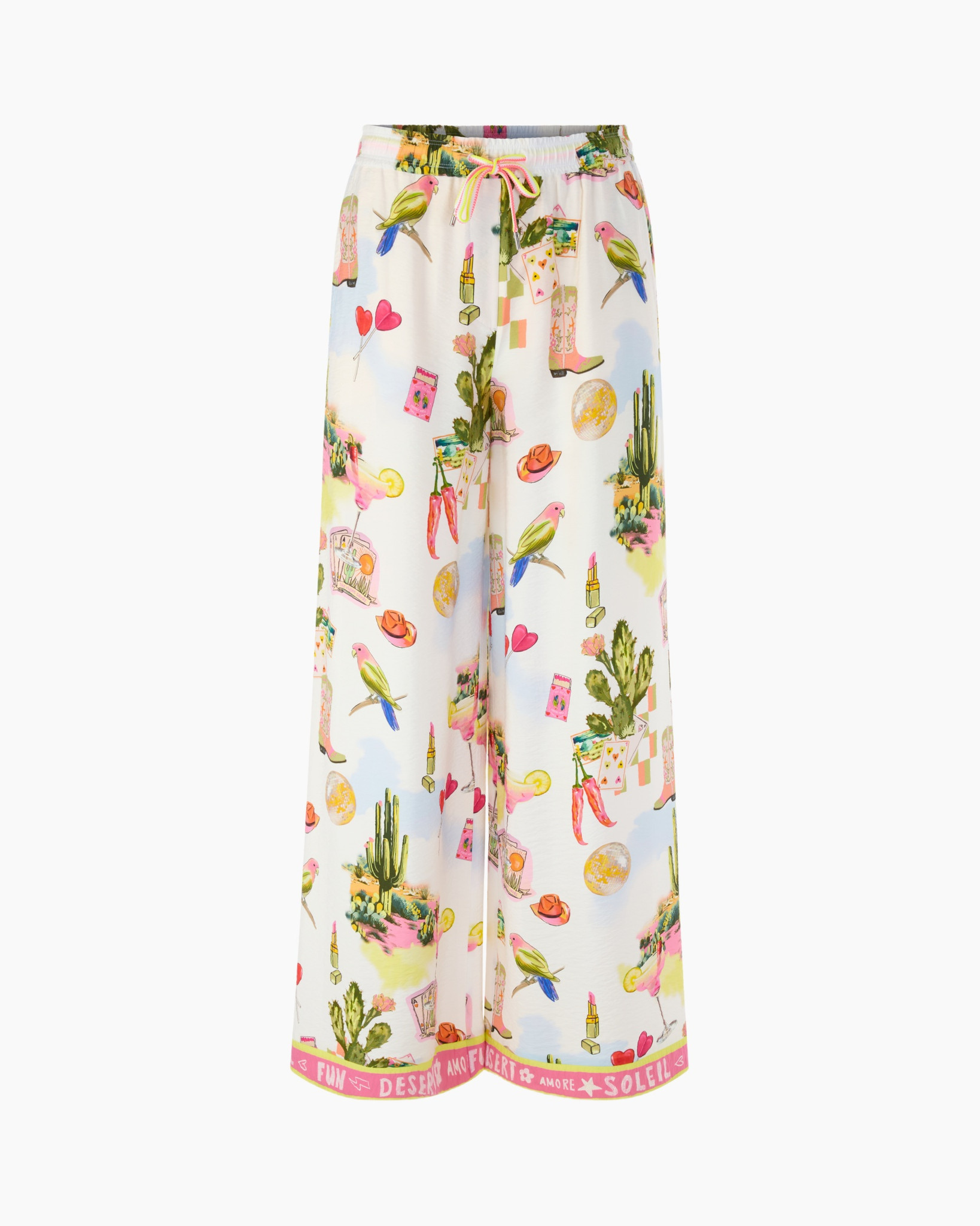 broek, opdruk, broek met wijde pijpen, trekkoord, kleurrijk