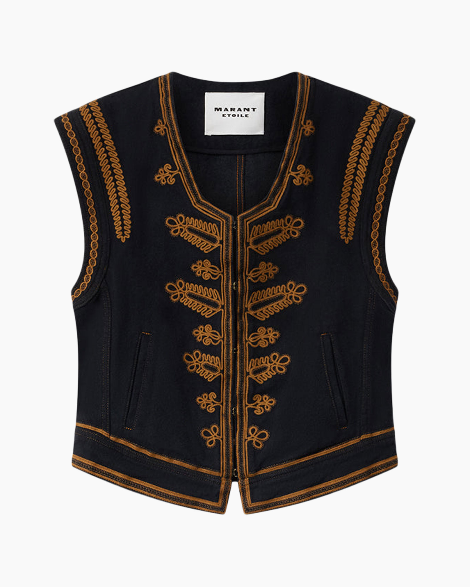 vest, borduursel, oranje, donker, westmouw