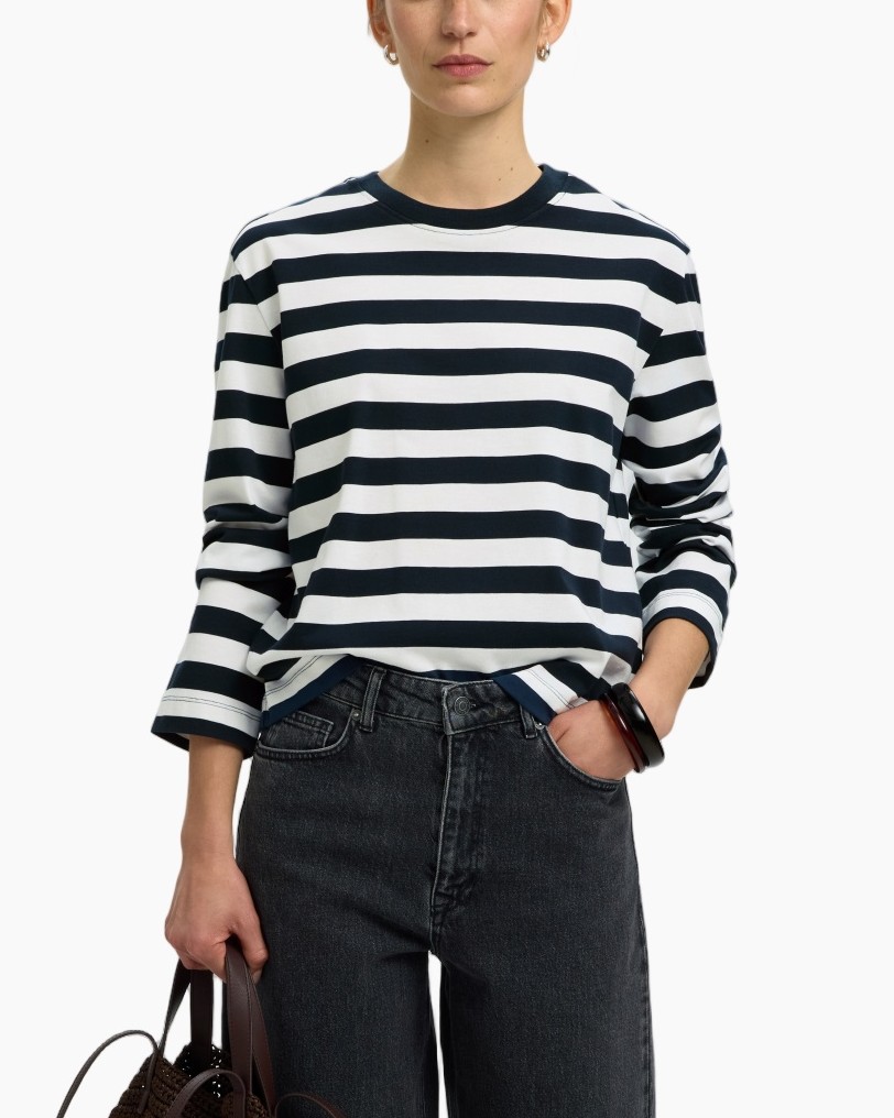 hemd met strepen, lange mouwen, marineblauw-wit, kraagloze hals, casual bovenstuk