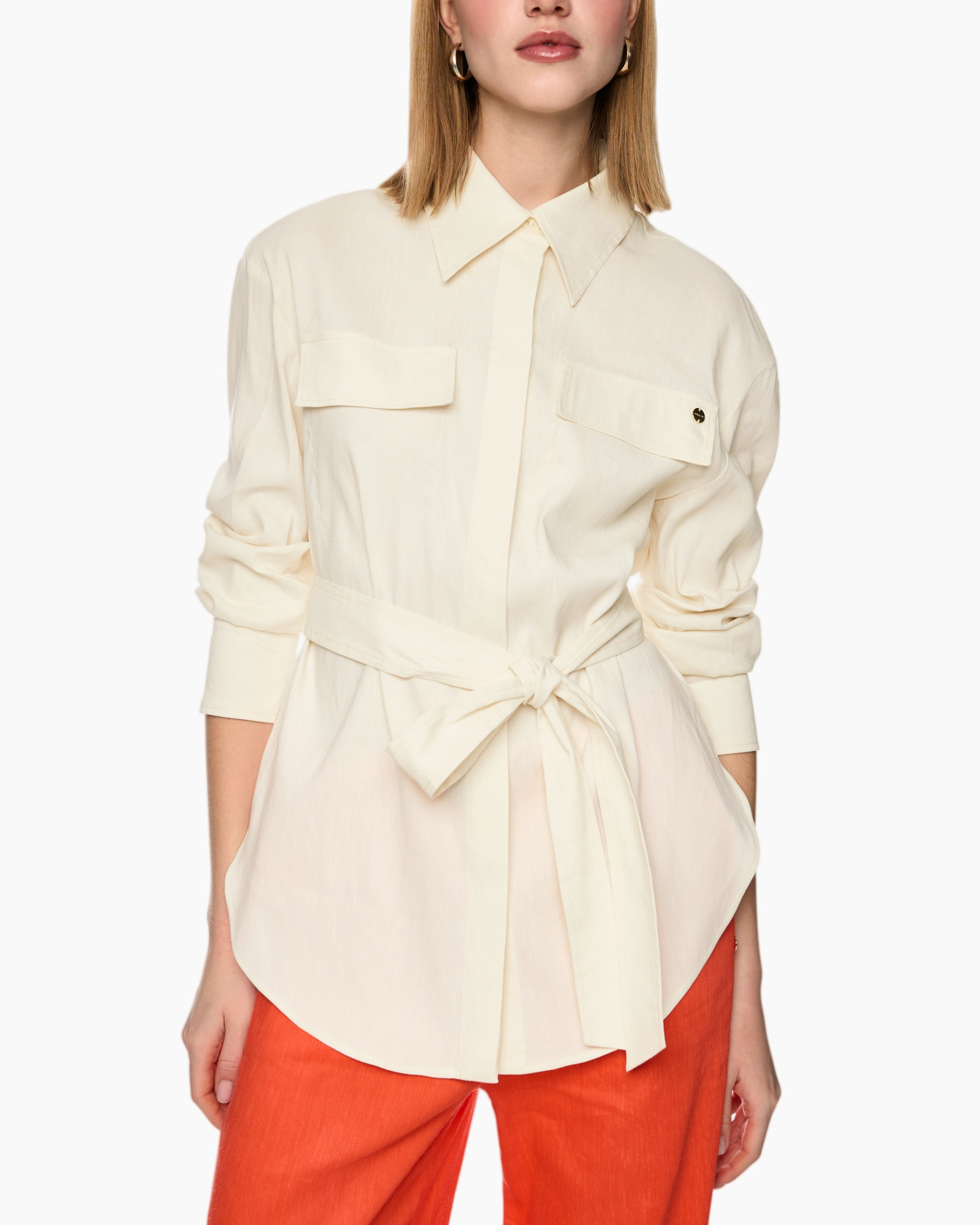 linen shirt, belted shirt, collared shirt, pocketed shirt, long-sleeve