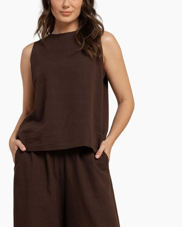 bruin, zonder mouwen, top, linnen, top?