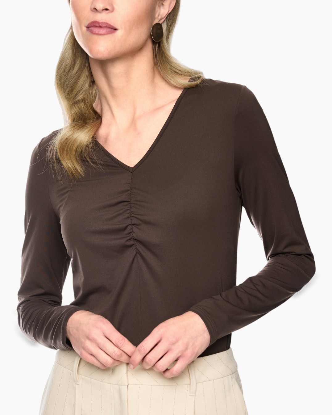 langzaam, bruin lang-sleeve top, V-hals, gerimpelde midden, zachte brei