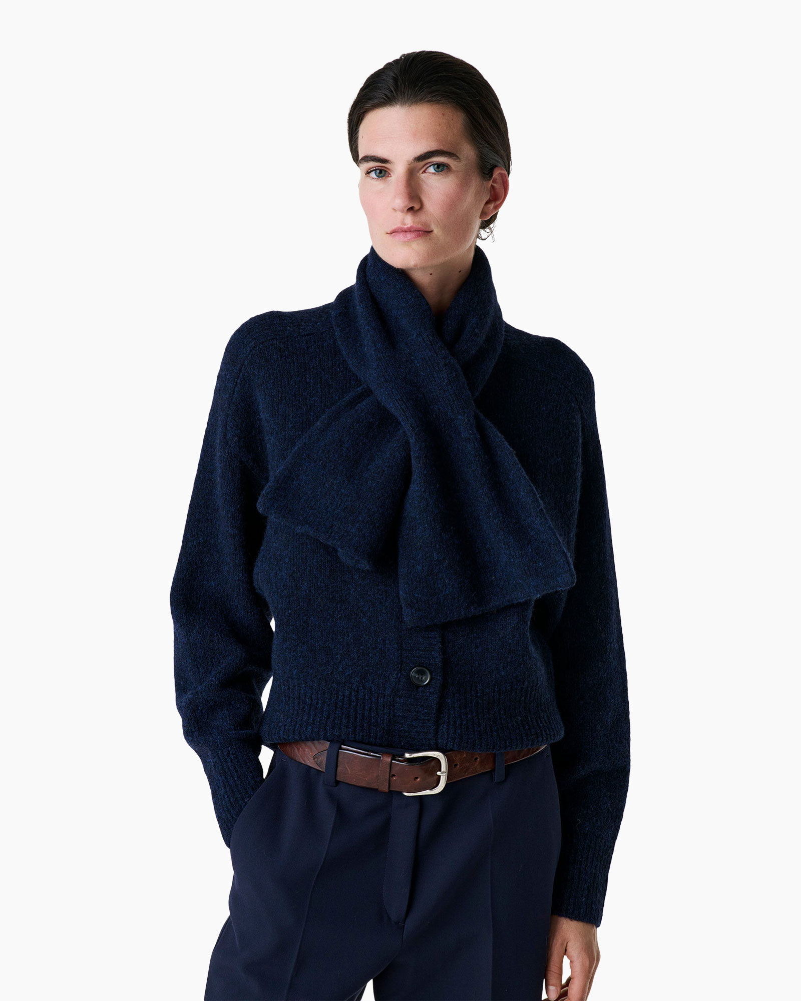 cardigan, kledingknit, sjaal, marineblauw, riembroek