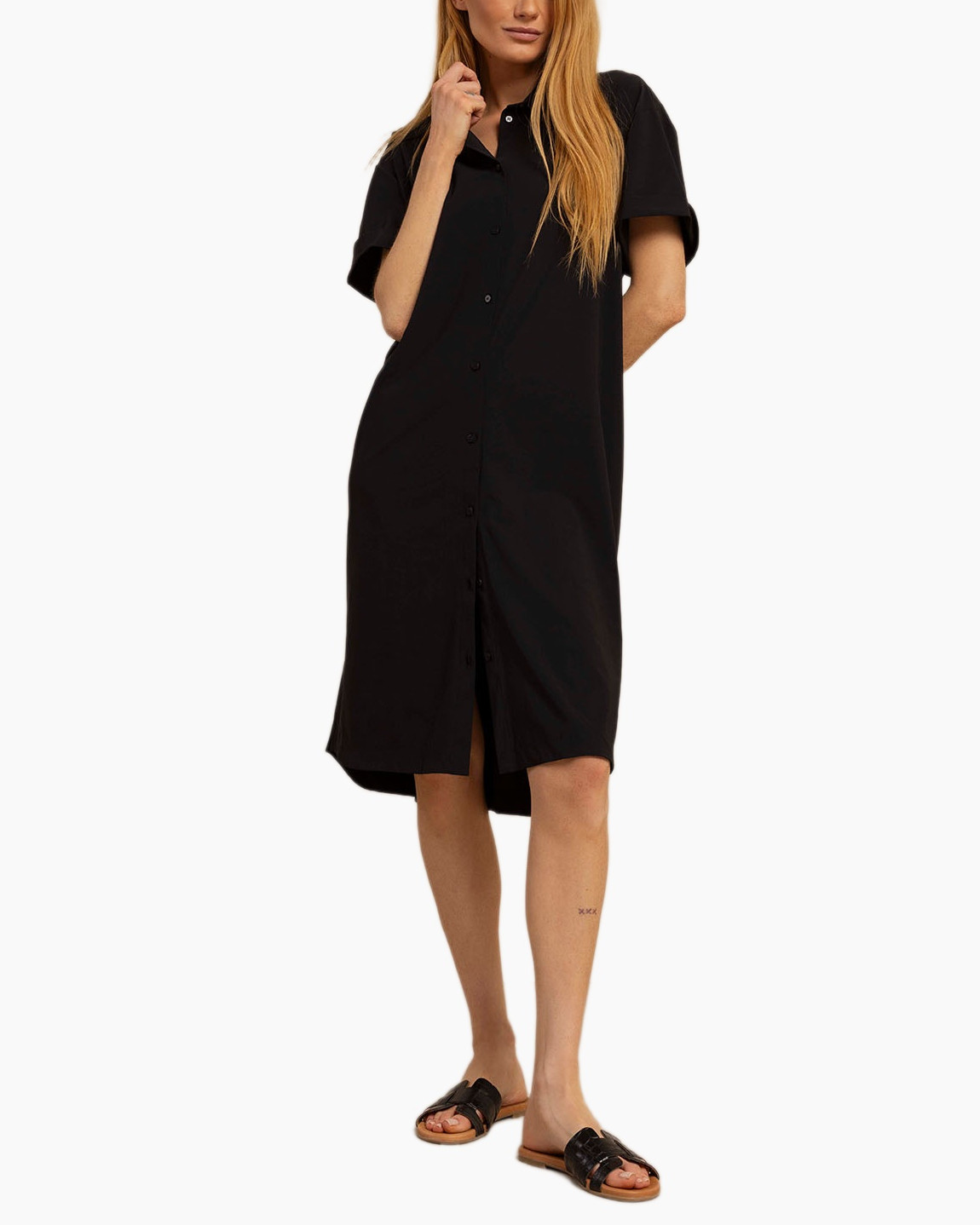 jurk, shirtjurk, zwart, korte mouwen, knielengte