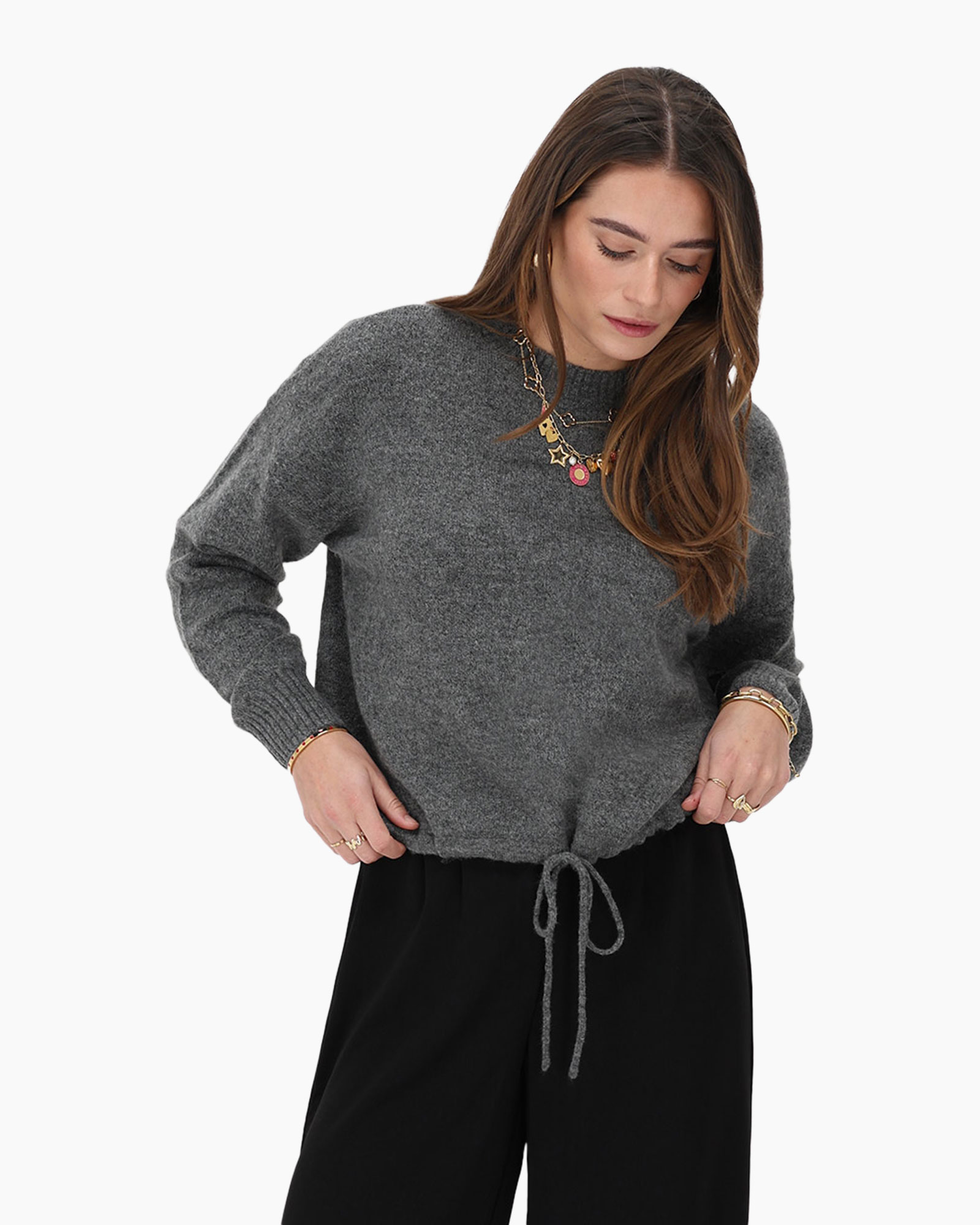 Trui Knitted Sweater With Drawstring midden grijs