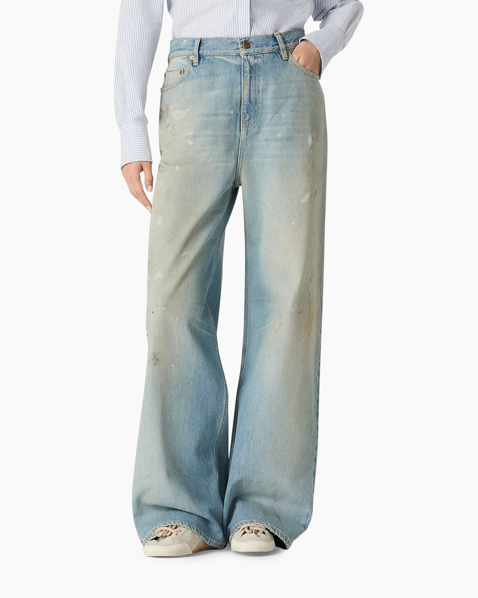 Spijkerbroek, wijd uitlopend, kapot, bleek, denim
