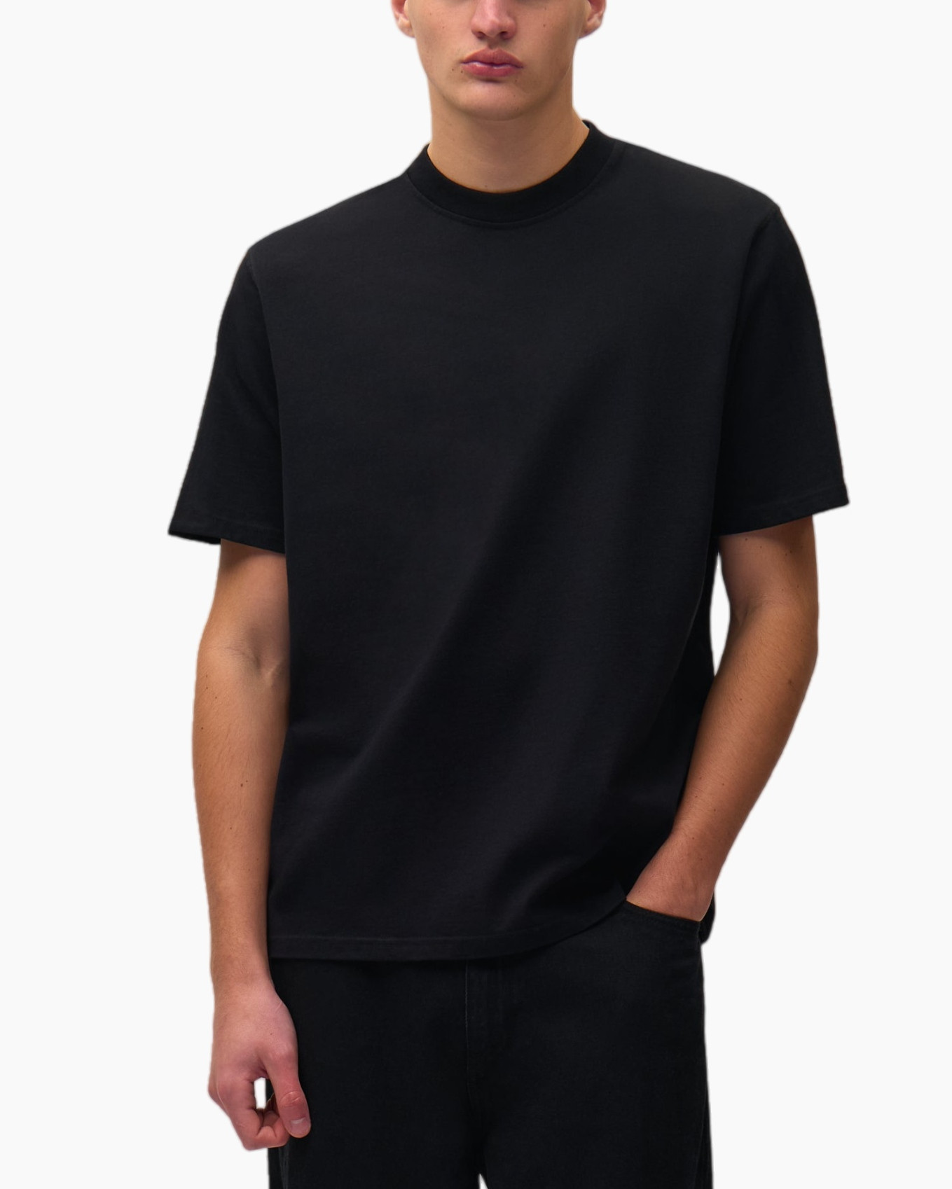 t-shirt, kortmouw, zwart, kraagloos, casual