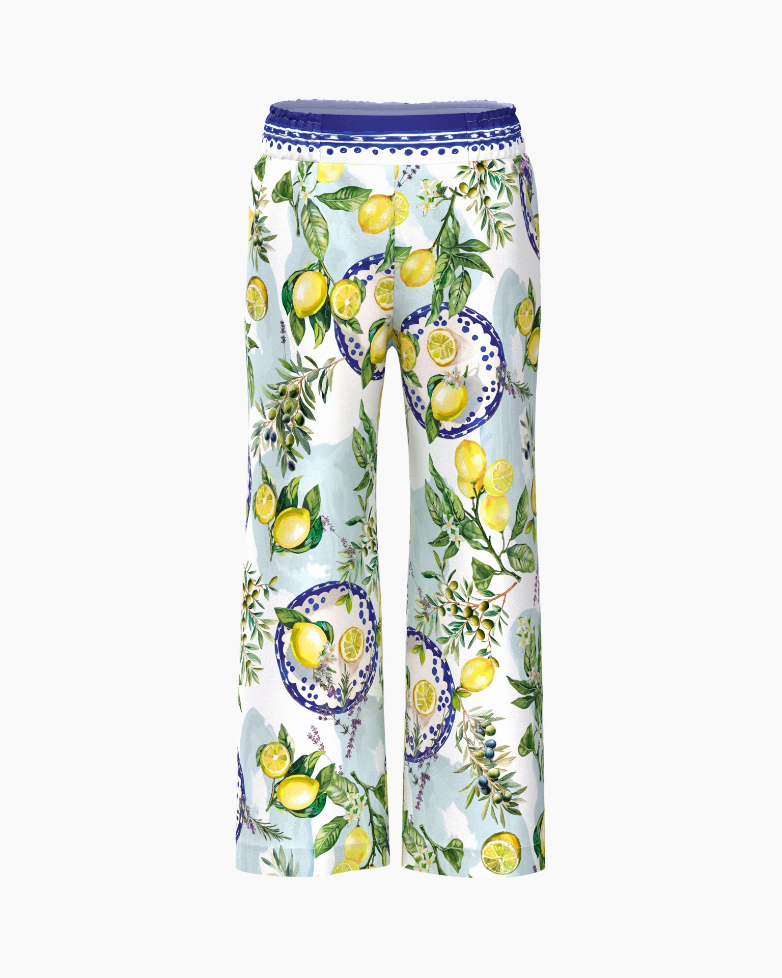 broekjes pyjama, citroen patroon, fruit print, lichtblauw, voldoende taille elastiek