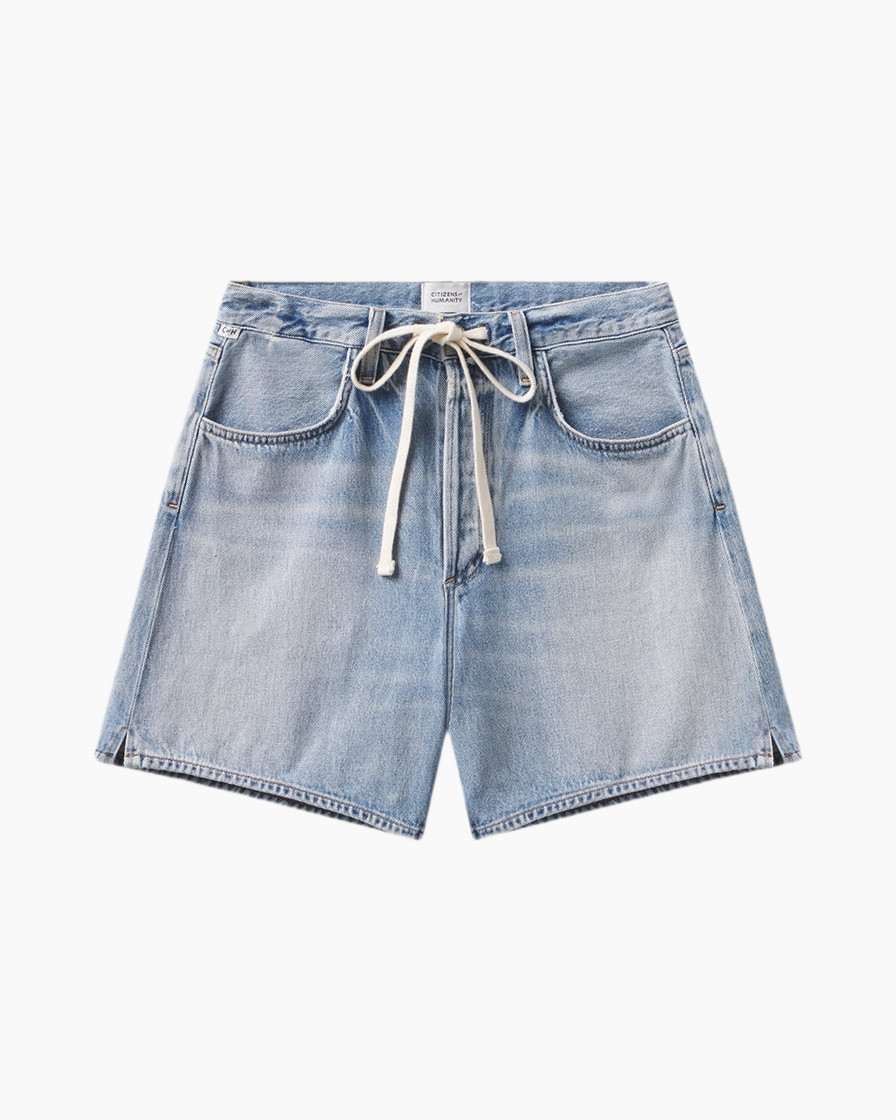 denim, shorts, drawstring, light wash, pockets