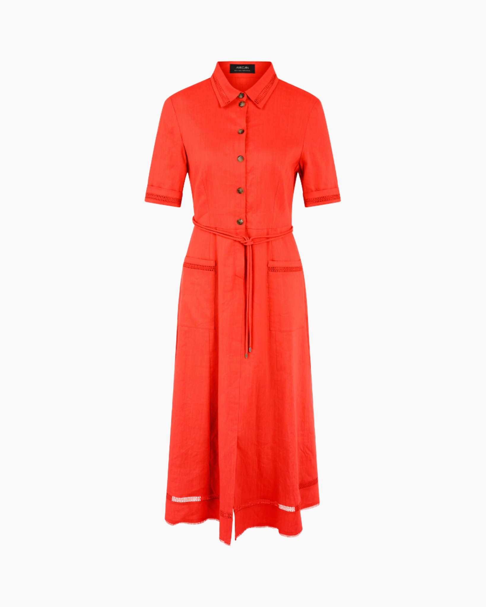 jurk, linnen, rood, riem, korte mouwen