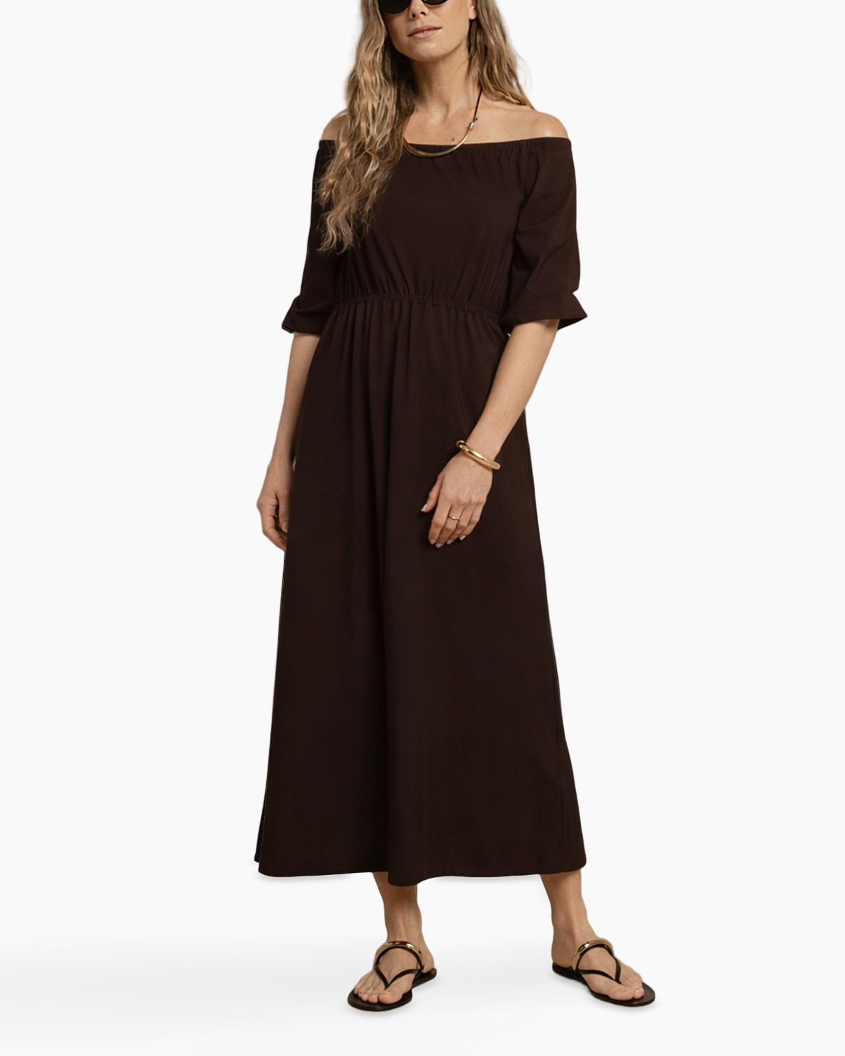 offshoulder, jumpsuit, wideleg, brown, dress-like romper