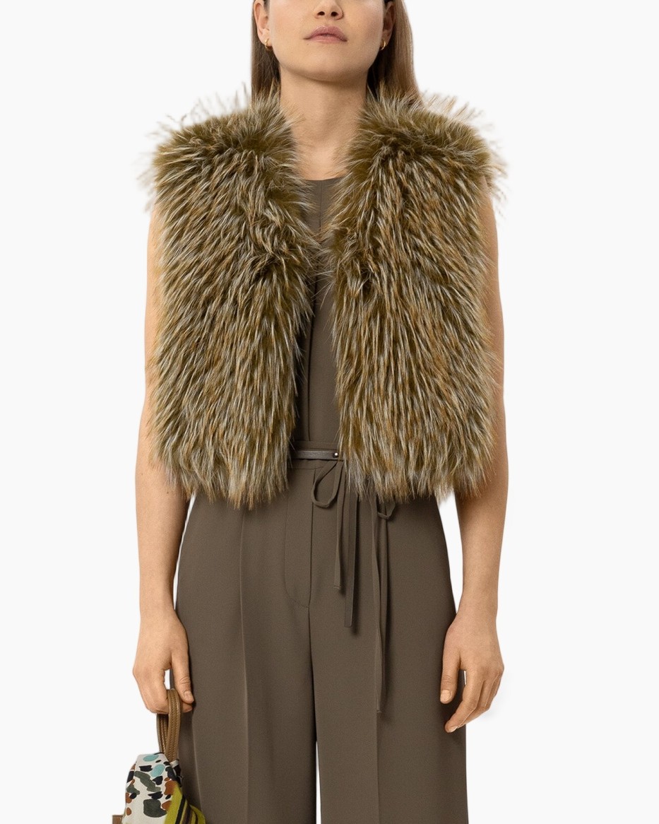 vacht, vest met bont, bruin, buitenlaag, bontvest