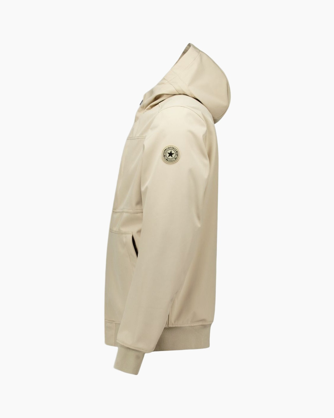 jacket, beige, hooded, long-sleeve, patch logo