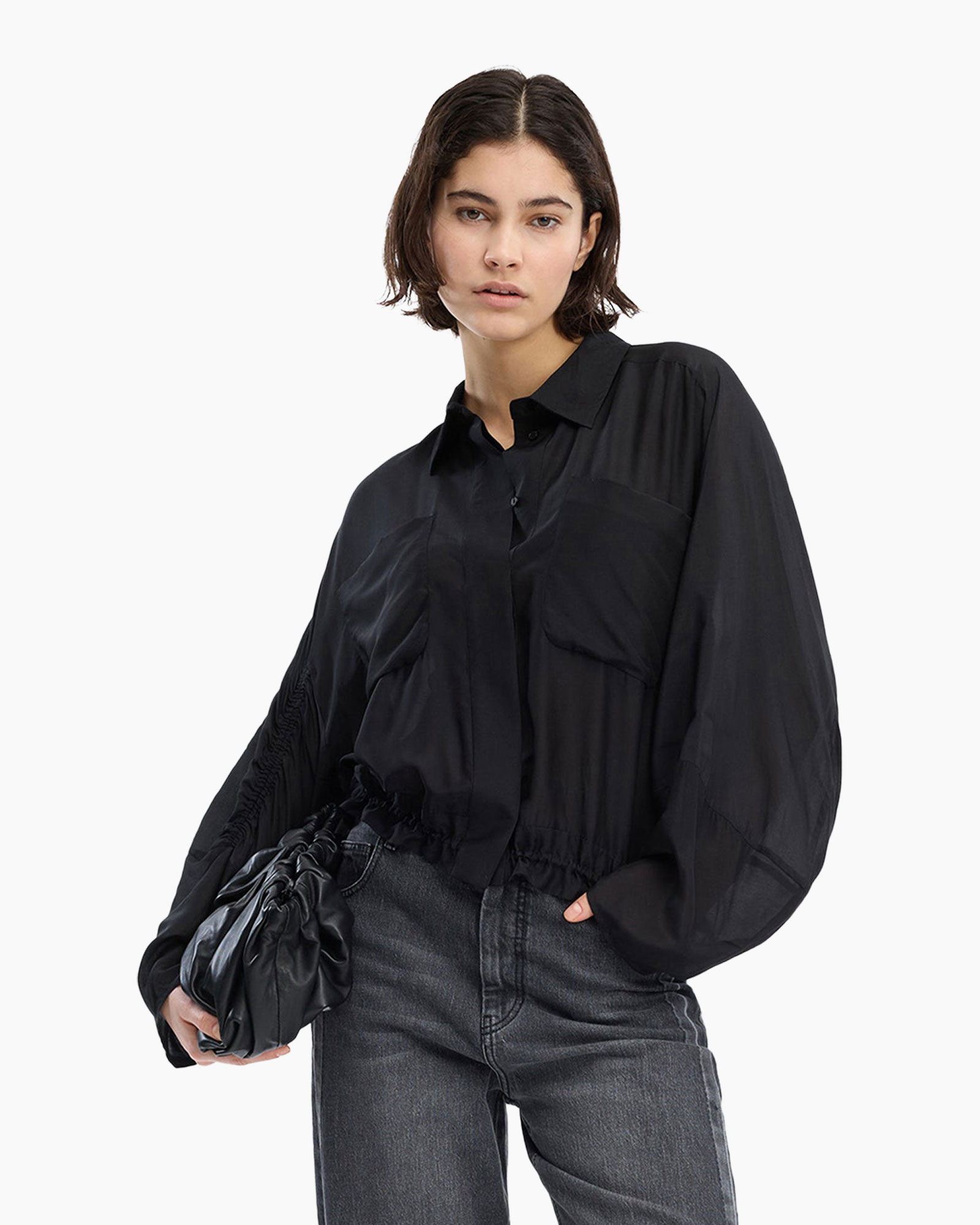 hemd, blouse, zwart, pofmouw, trekkoord