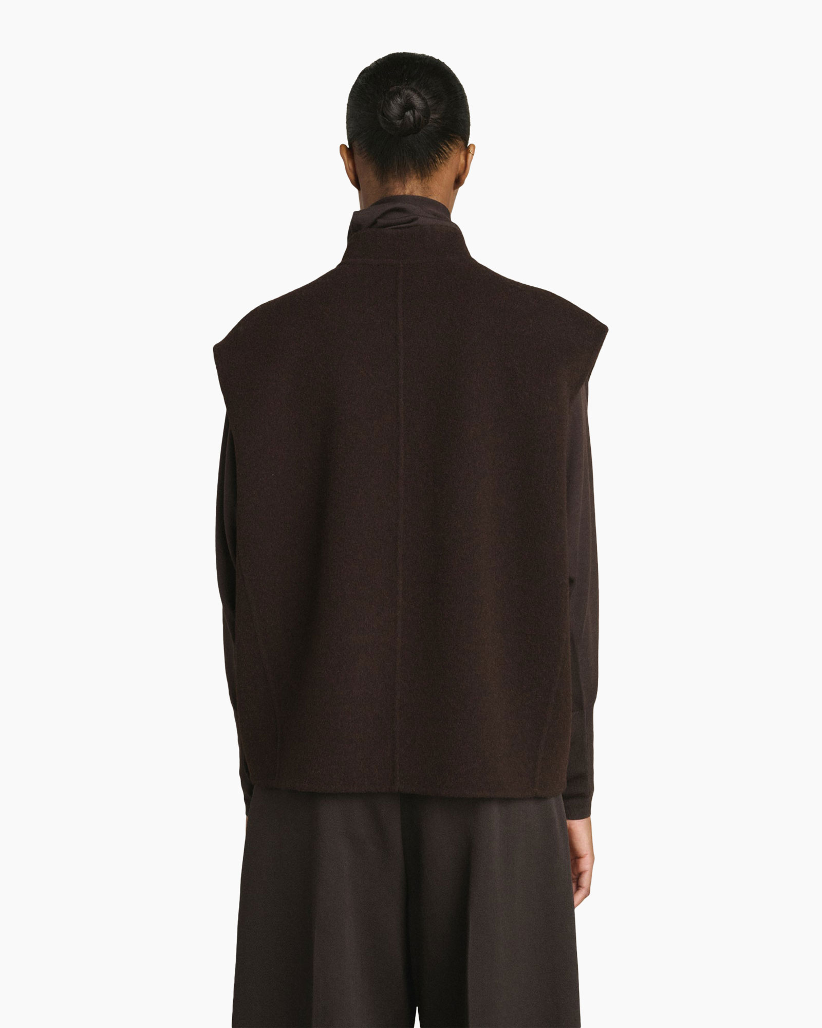 vest, zonder mouwen, donkerbruin, achterkant, outerwear