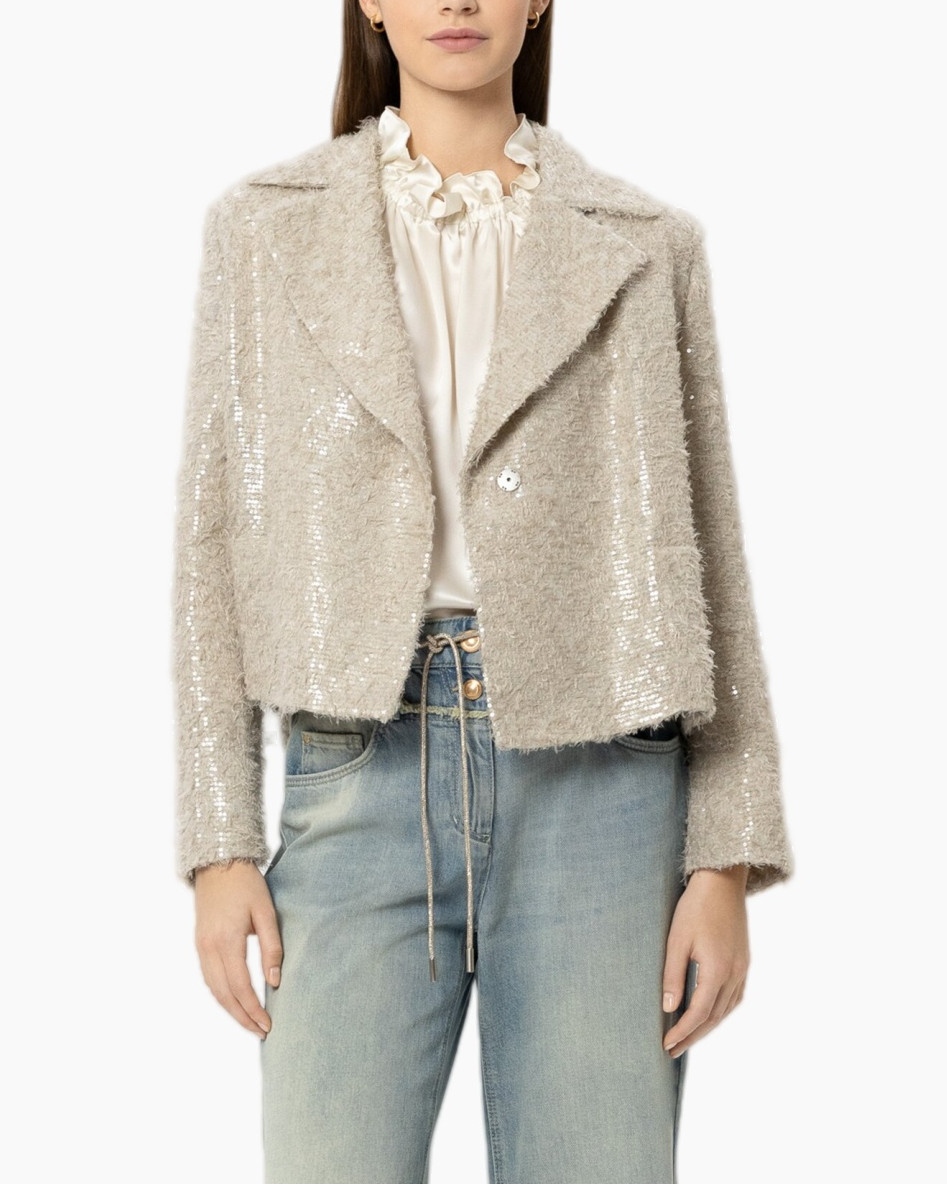 sequined jacket, beige boucle, blazer, cropped jacket, textured coat