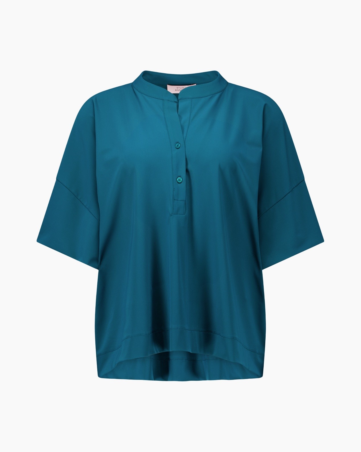 blouse, teal, korte mouwen, knopenrij, rond halslijn