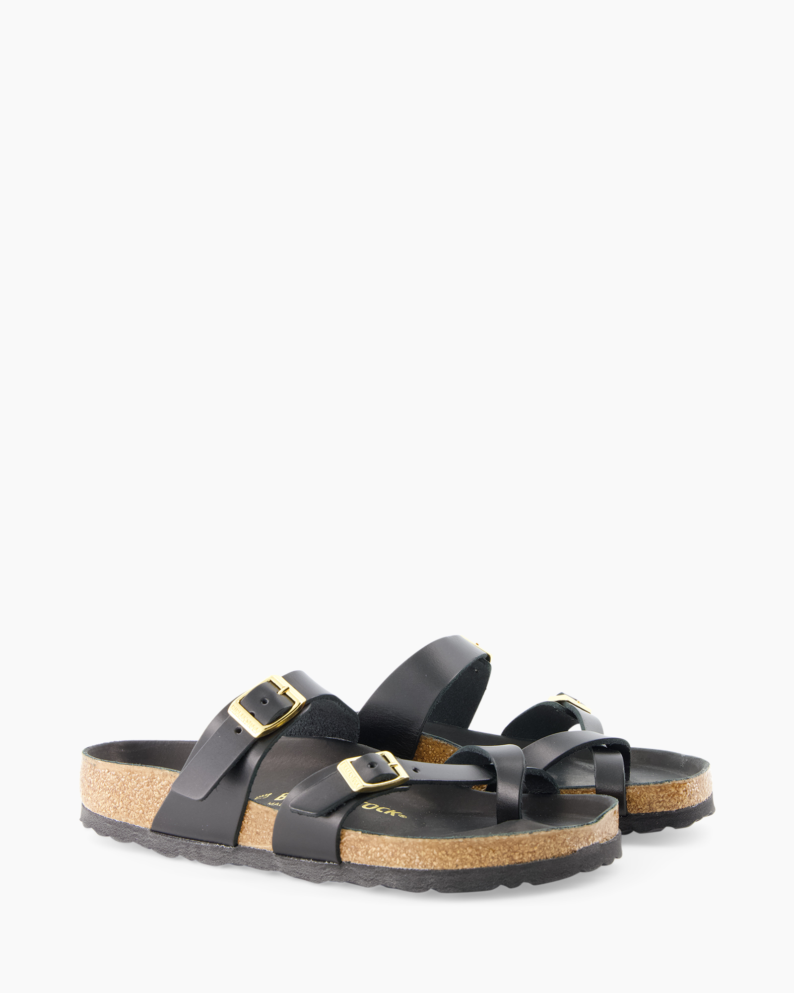 sandals, black, two-strap, buckle, cork sole