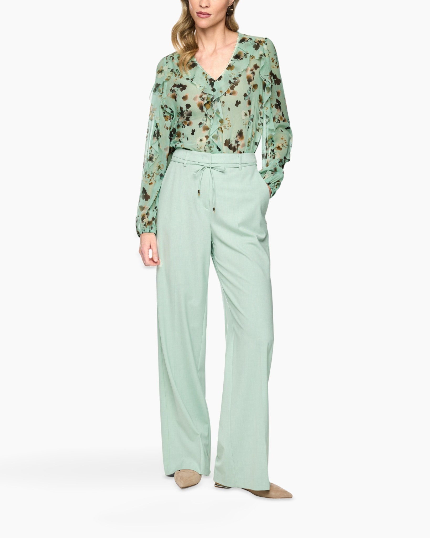 bloesbloem, mintgroene, lange mouwen, hoog taille broek, wijd uitlopend