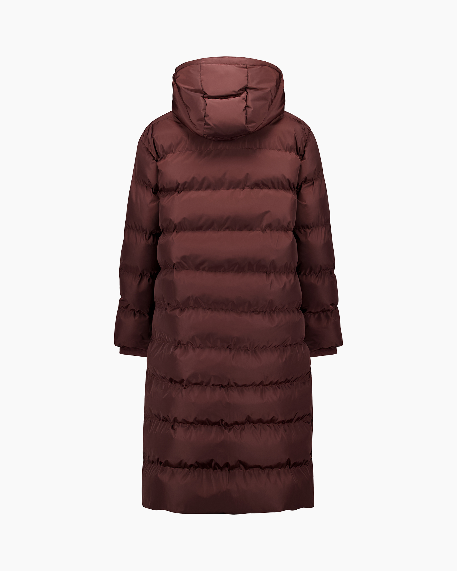 donsjas, puffer, lange jas, burgundy, hooded